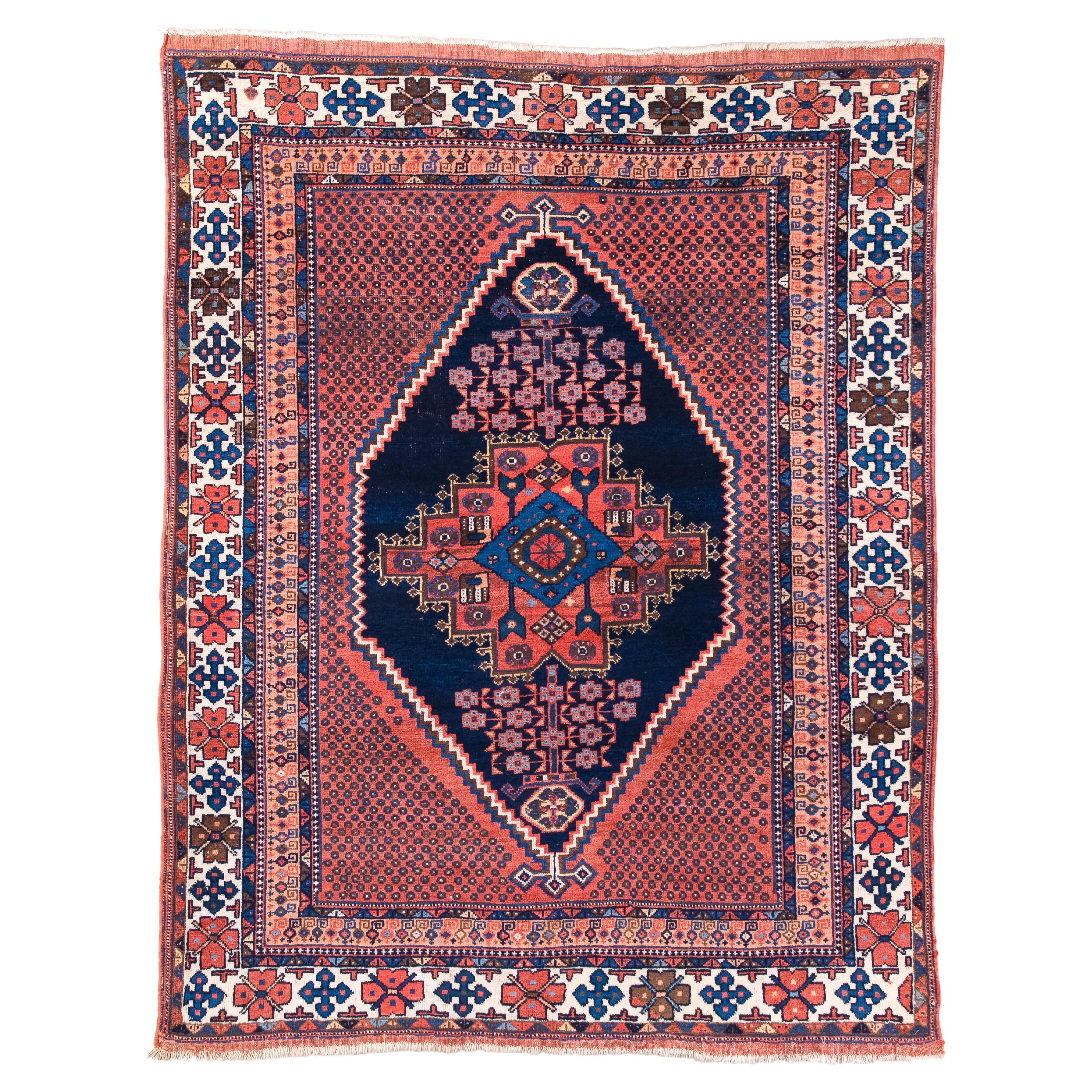 Antique Afshar Rug with Blue and Red Tones and a Majestic Medallion