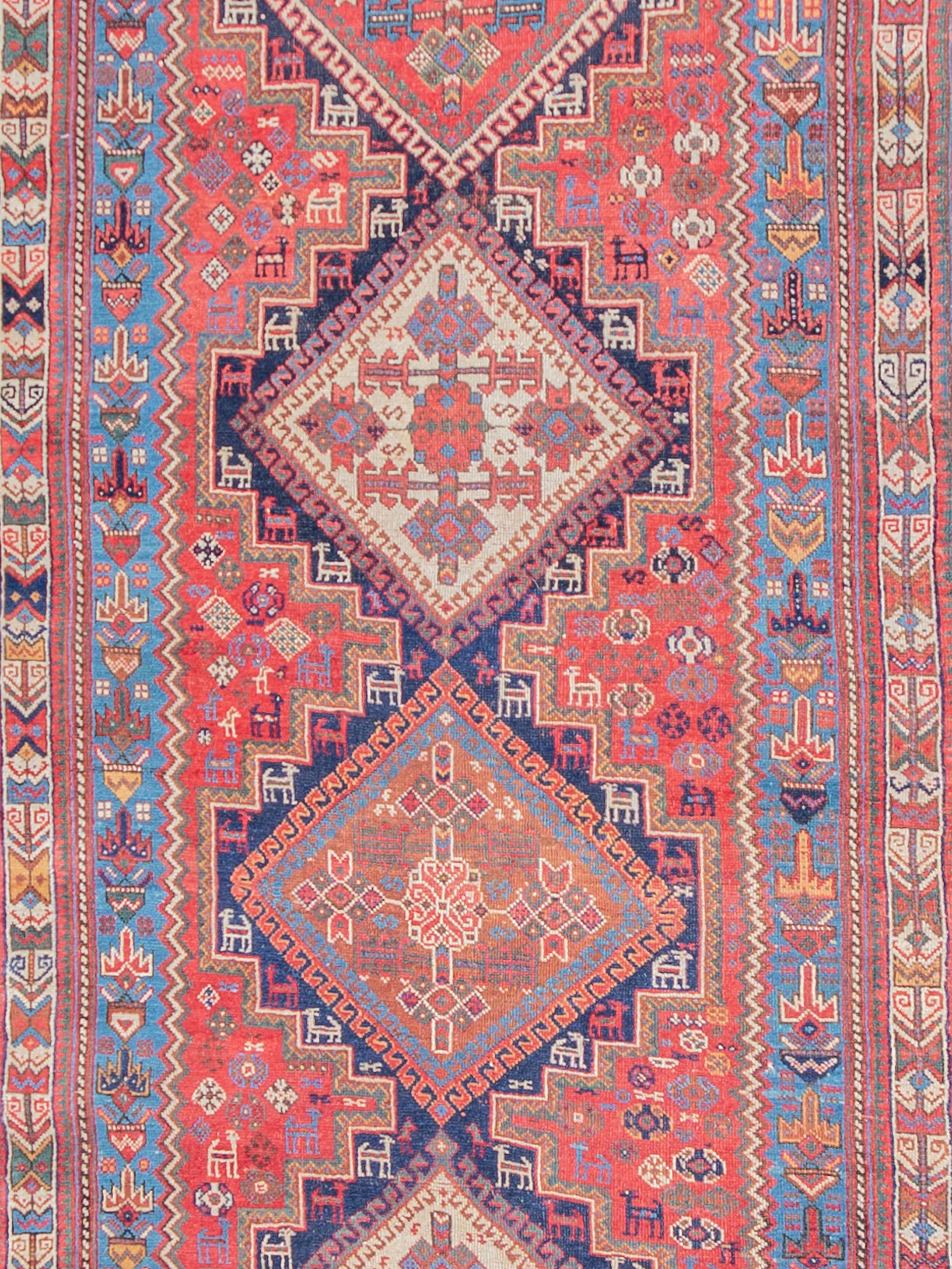 Hand-Knotted Antique Afshar Runner, Late 19th Century, 3'5