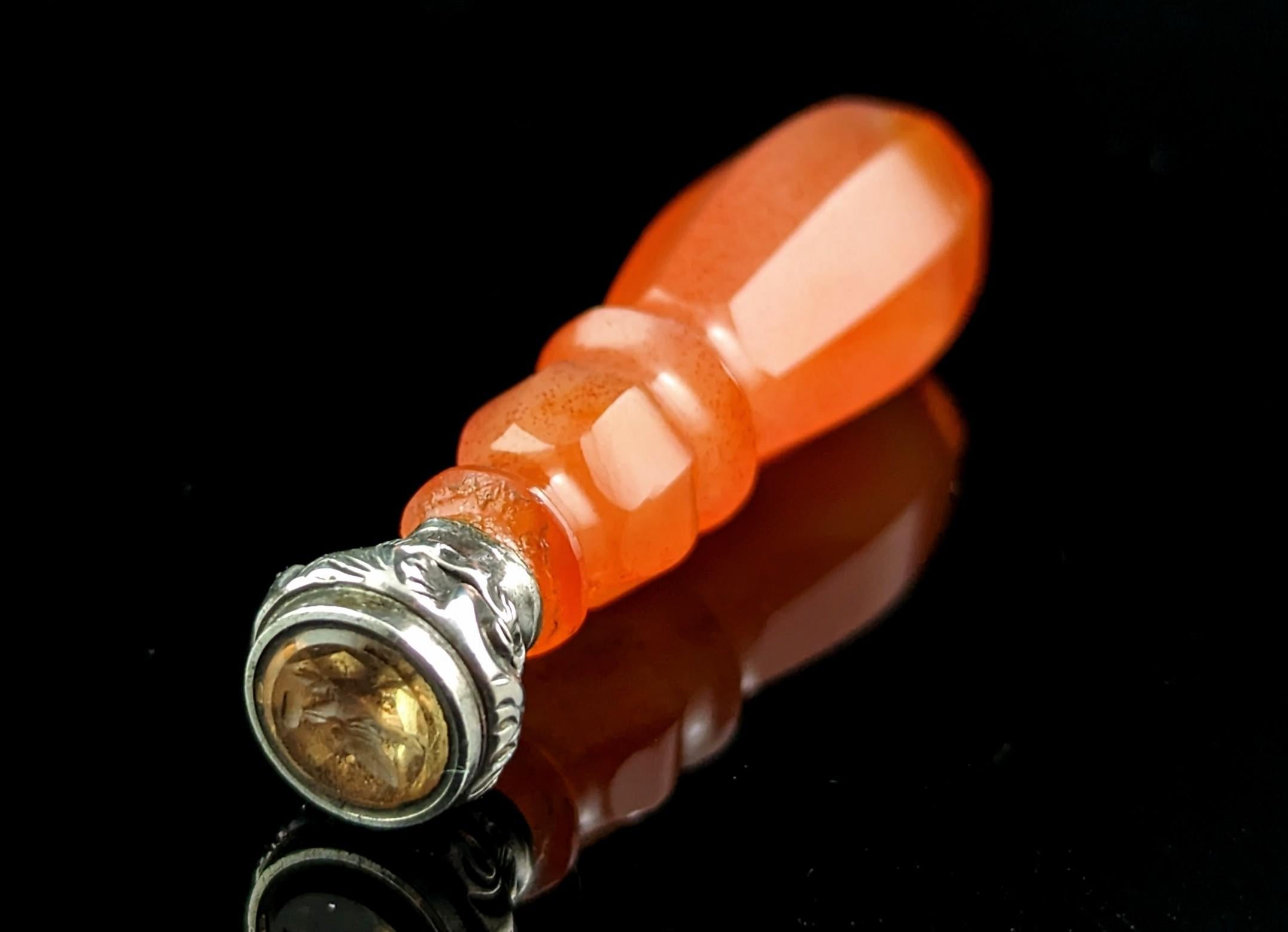 Uncut Antique Agate and Citrine desk seal, sterling silver 
