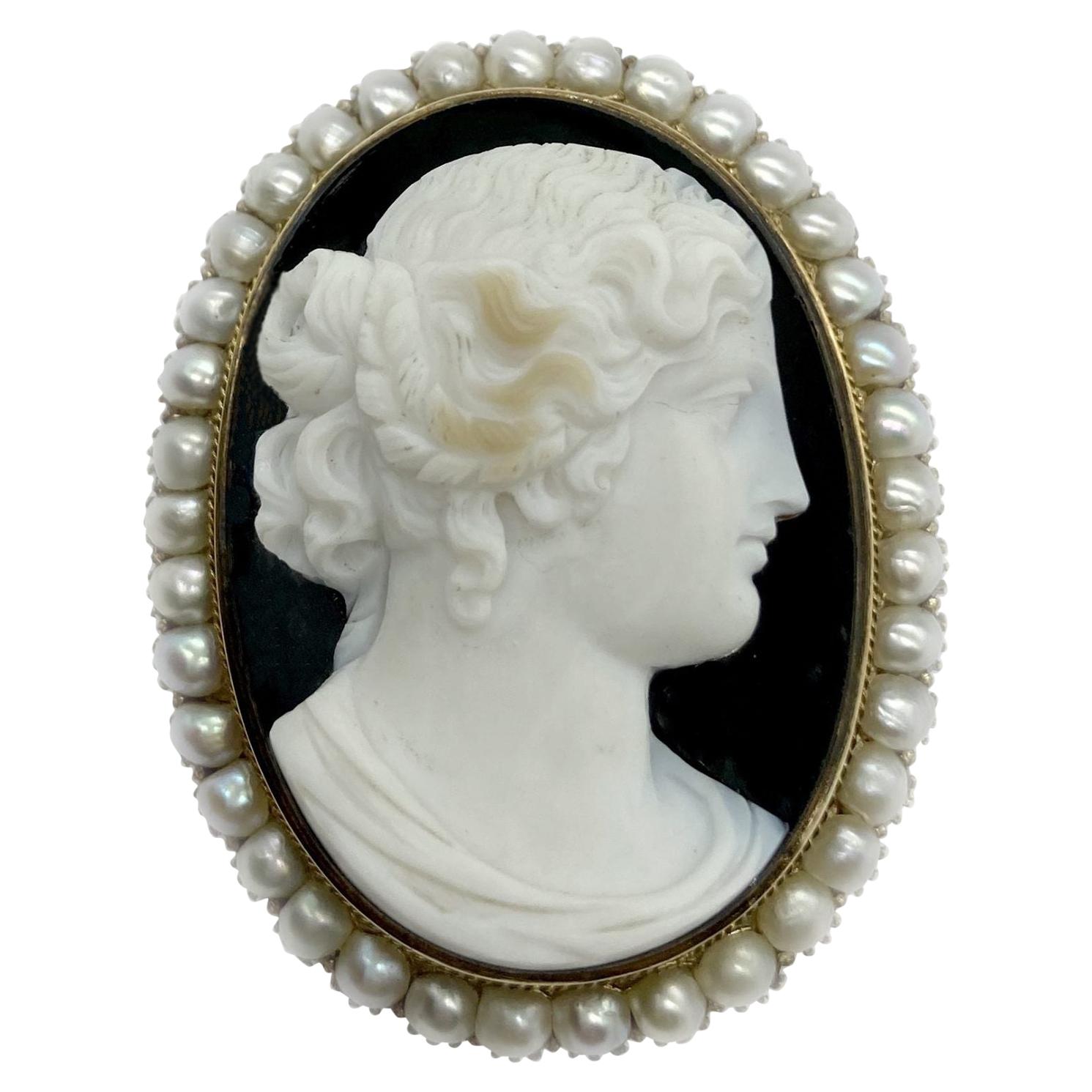 Antique Agate Cameo and Pearl Brooch For Sale