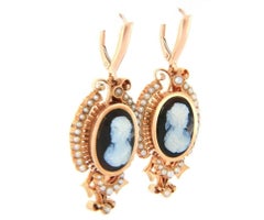 Antique Agate Cameo and Pearl Dangle Earrings in 14K Rose Gold