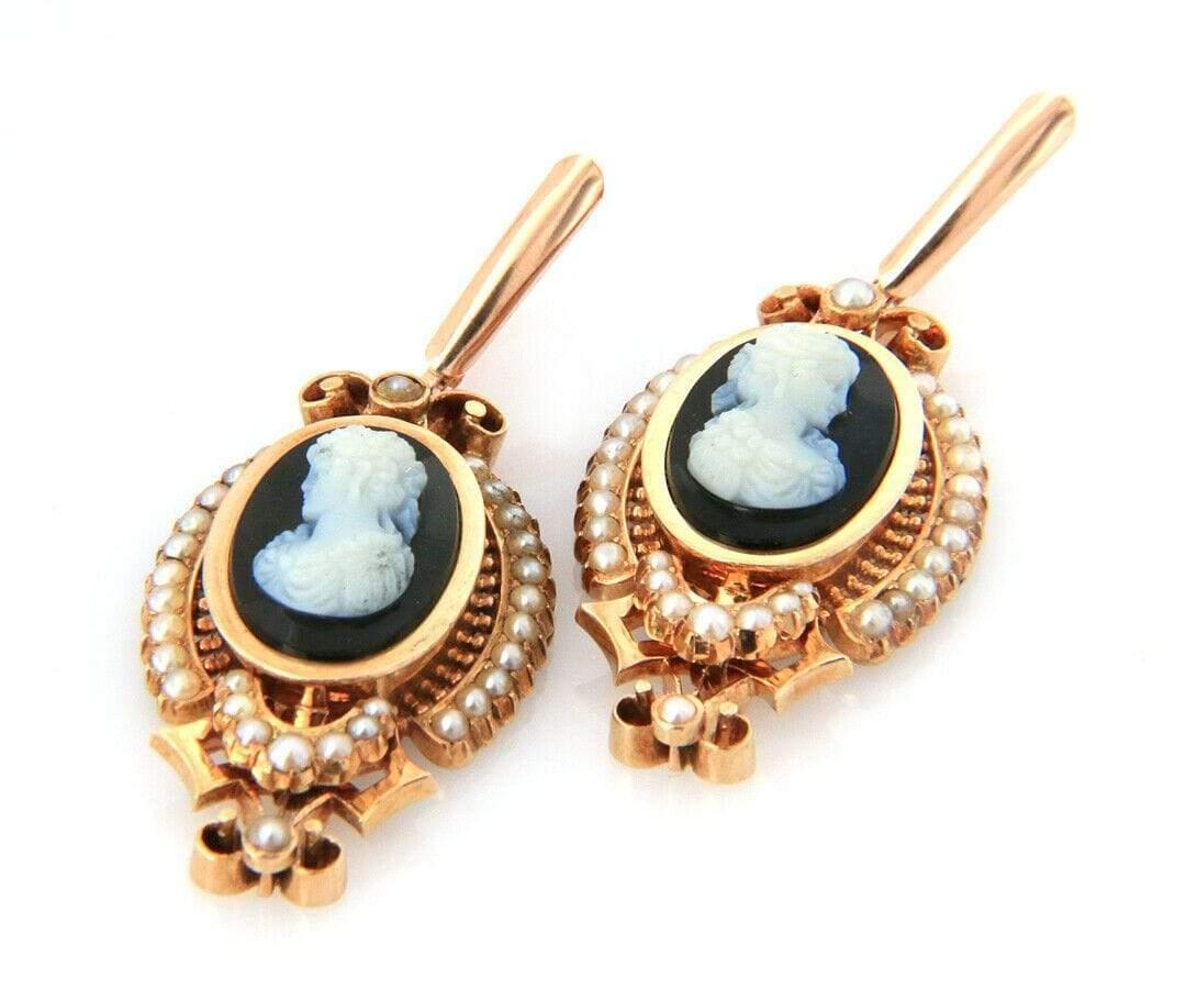 Round Cut Antique Agate Cameo and Pearl Dangle Earrings in 14K Rose Gold For Sale