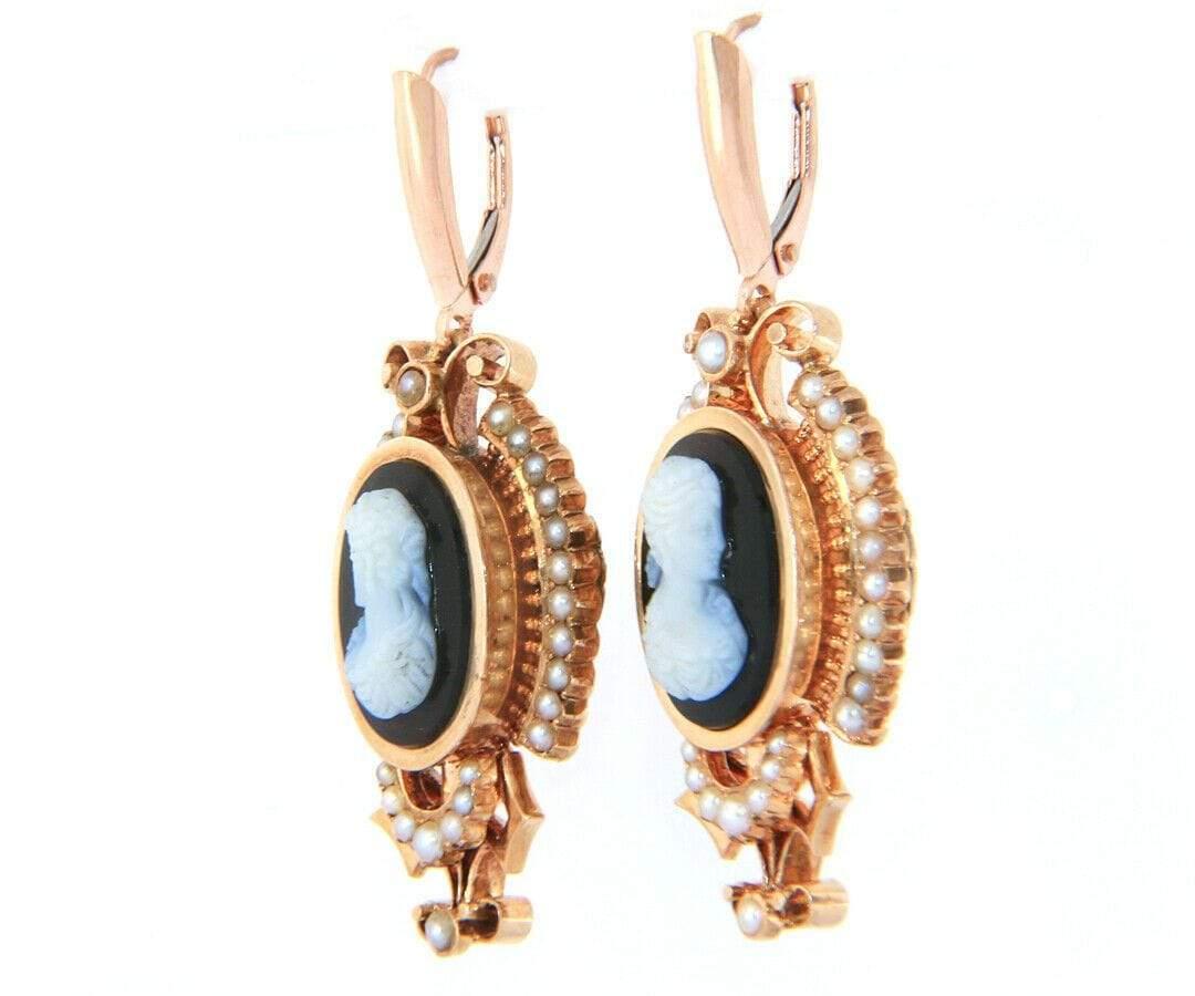 Antique Agate Cameo and Pearl Dangle Earrings in 14K Rose Gold In Excellent Condition For Sale In Vienna, VA