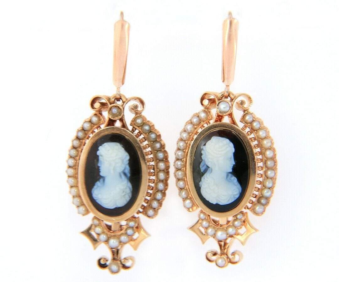 Women's Antique Agate Cameo and Pearl Dangle Earrings in 14K Rose Gold For Sale