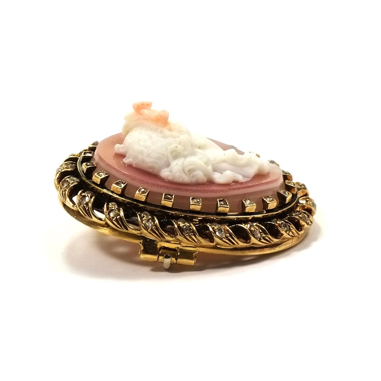 Victorian Antique Agate Cameo Diamond and Enamel Gold Brooch, circa 1870