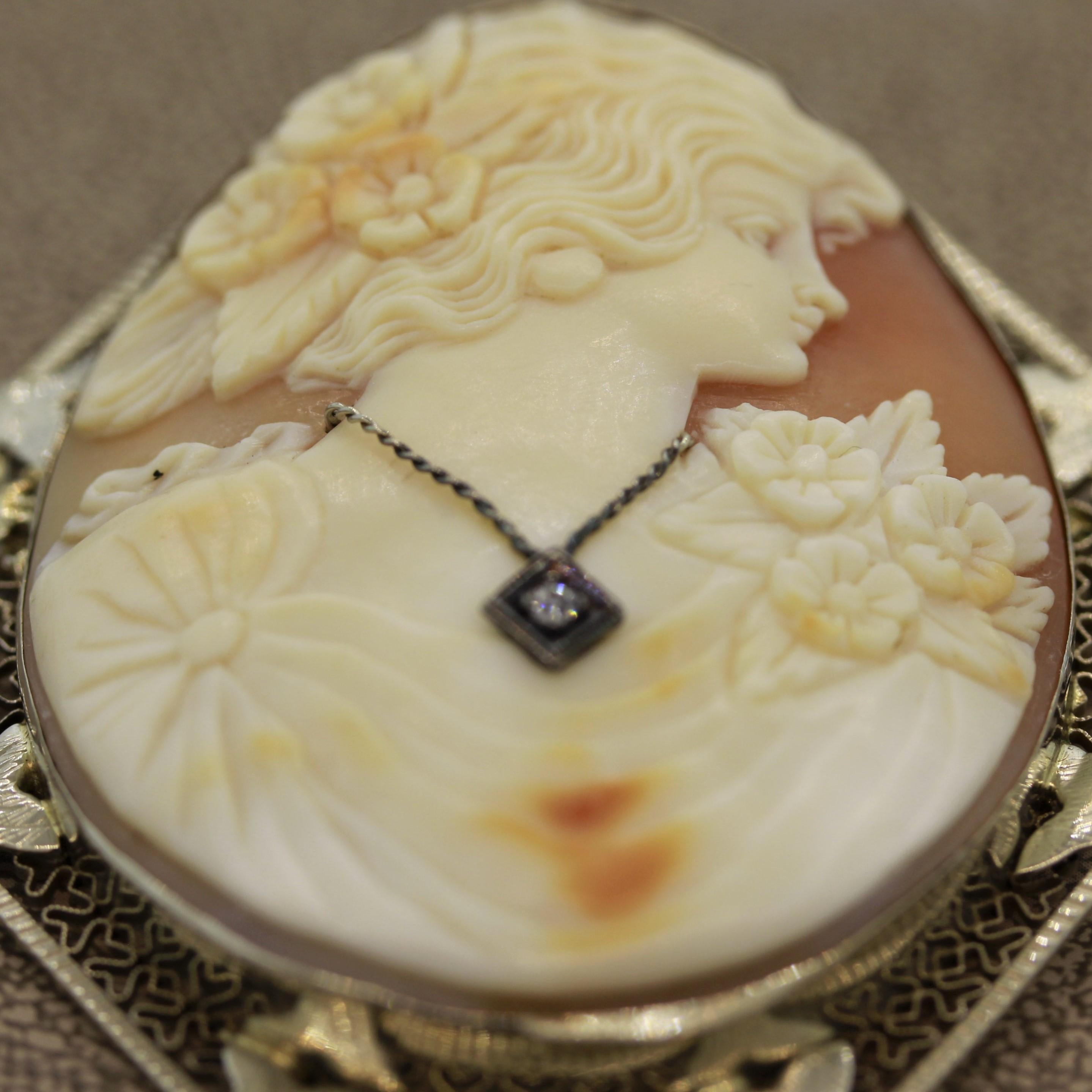 Round Cut Antique Agate Cameo Diamond Gold Pendant-Brooch For Sale