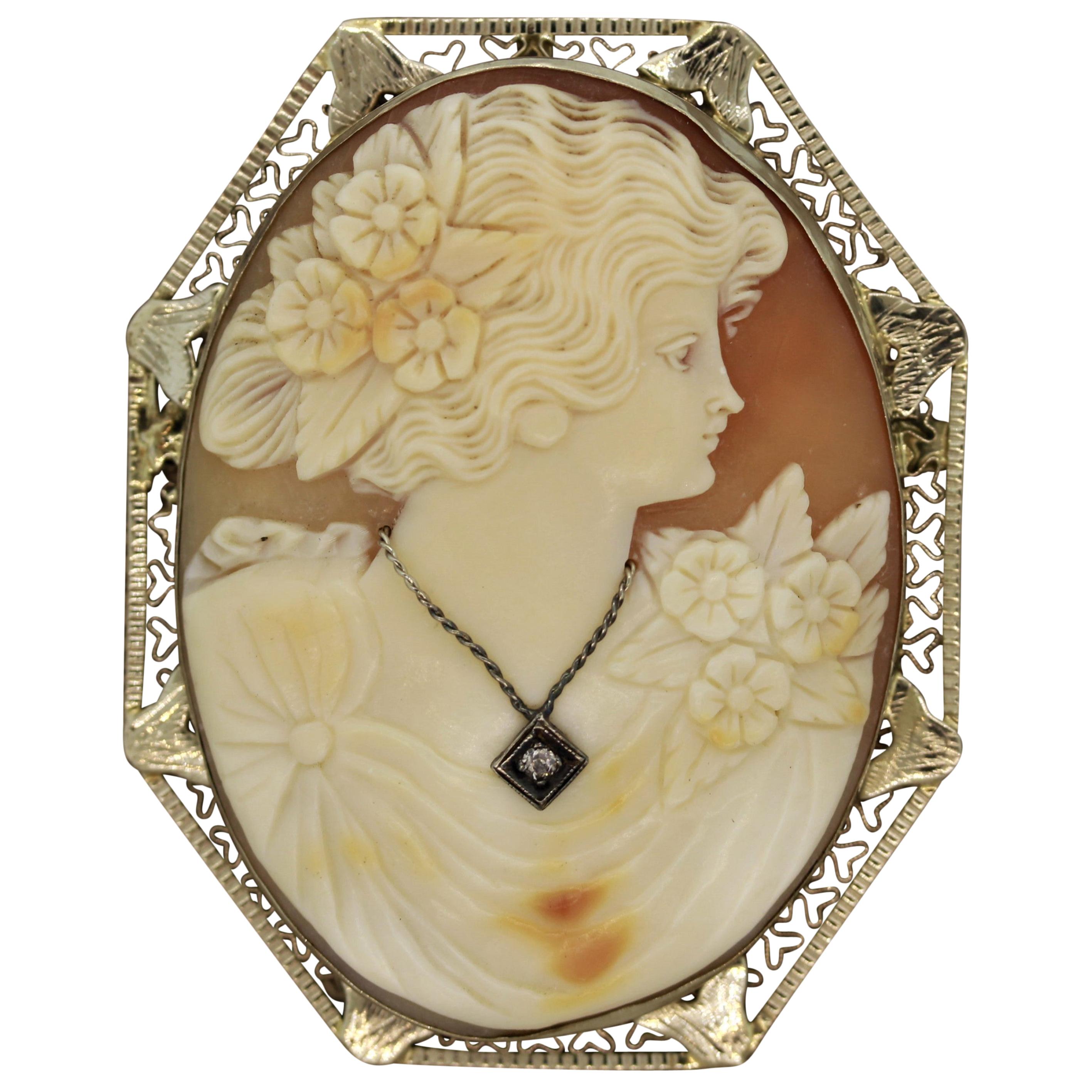 Antique Agate Cameo Diamond Gold Pendant-Brooch For Sale