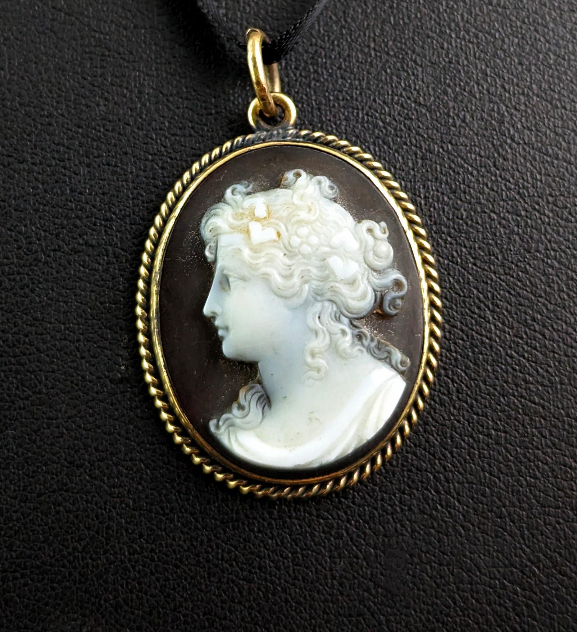 A fine antique Victorian agate cameo pendant.

This wonderfully crafted beauty has been hand carved from layers of agate, the base a rich dark red and the carving in an off white shade.

The cameo features a classic lady facing to the left with