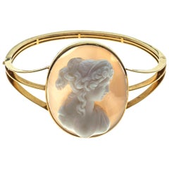 Antique Agate Cameo Profile Bust Young Woman Antique Revival 18K Gold Bangle