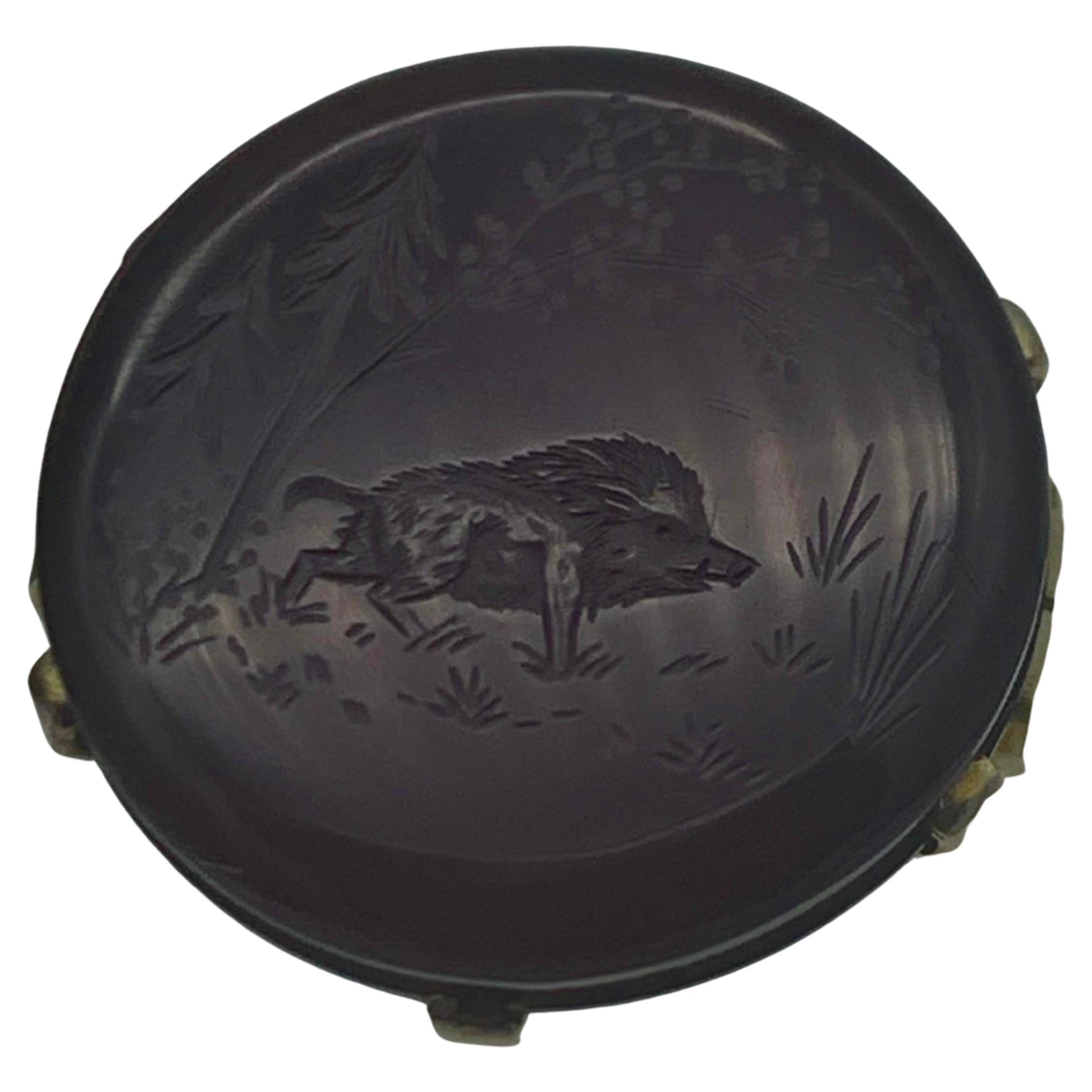 Cabochon Antique Agate Intaglio Wild Boar in Landscape Art Deco Ring 14 Karat White Gold For Sale