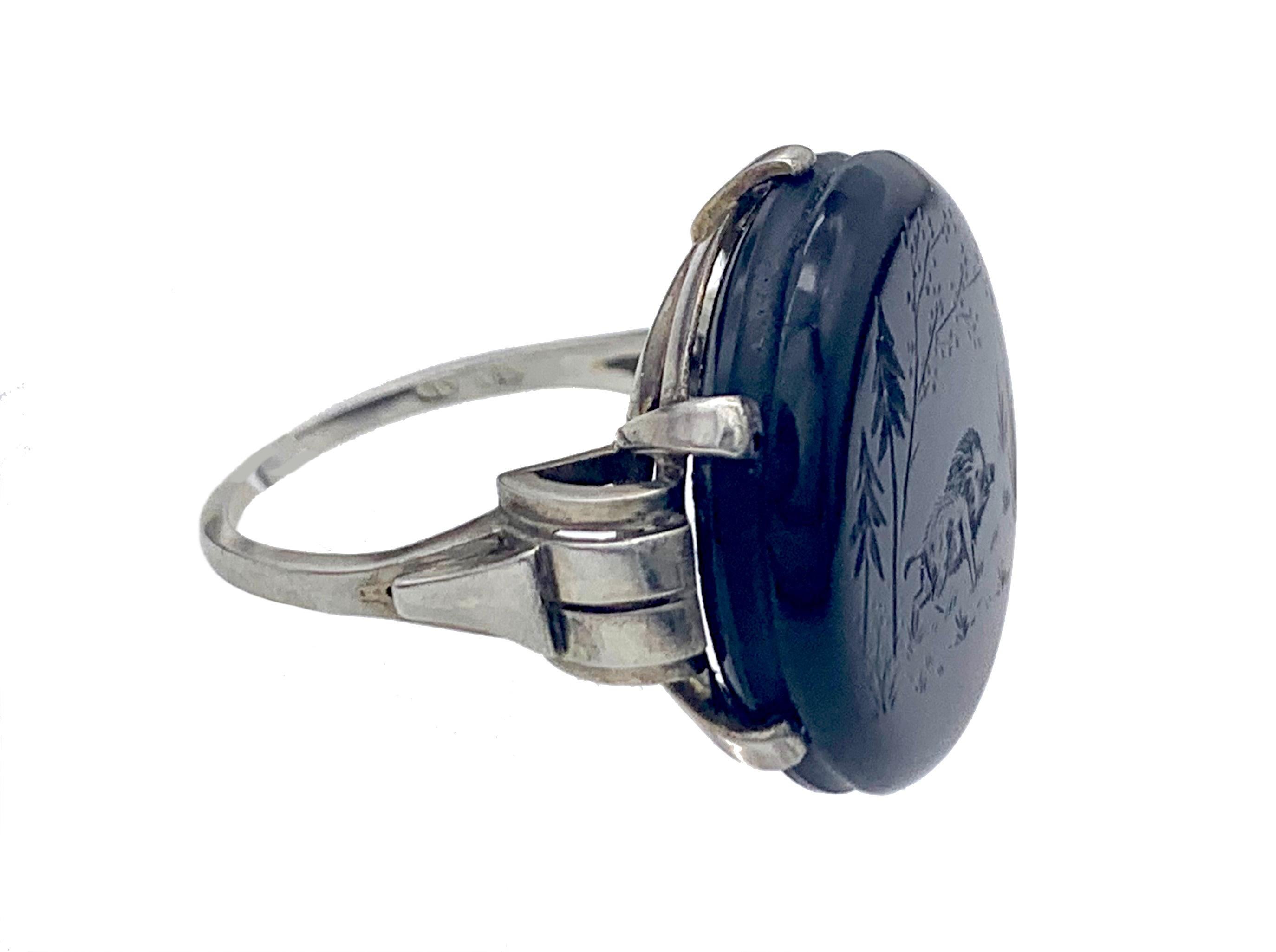 Women's Antique Agate Intaglio Wild Boar in Landscape Art Deco Ring 14 Karat White Gold For Sale