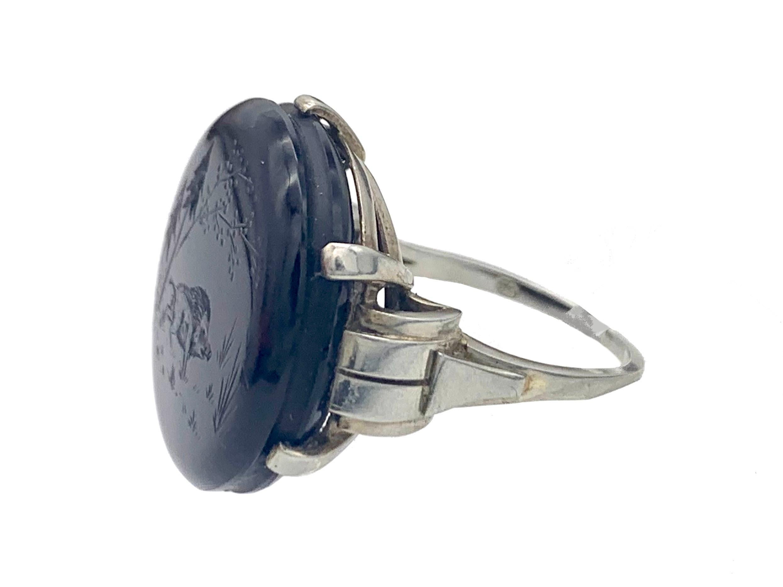 Antique Agate Intaglio Wild Boar in Landscape Art Deco Ring 14 Karat White Gold For Sale 1