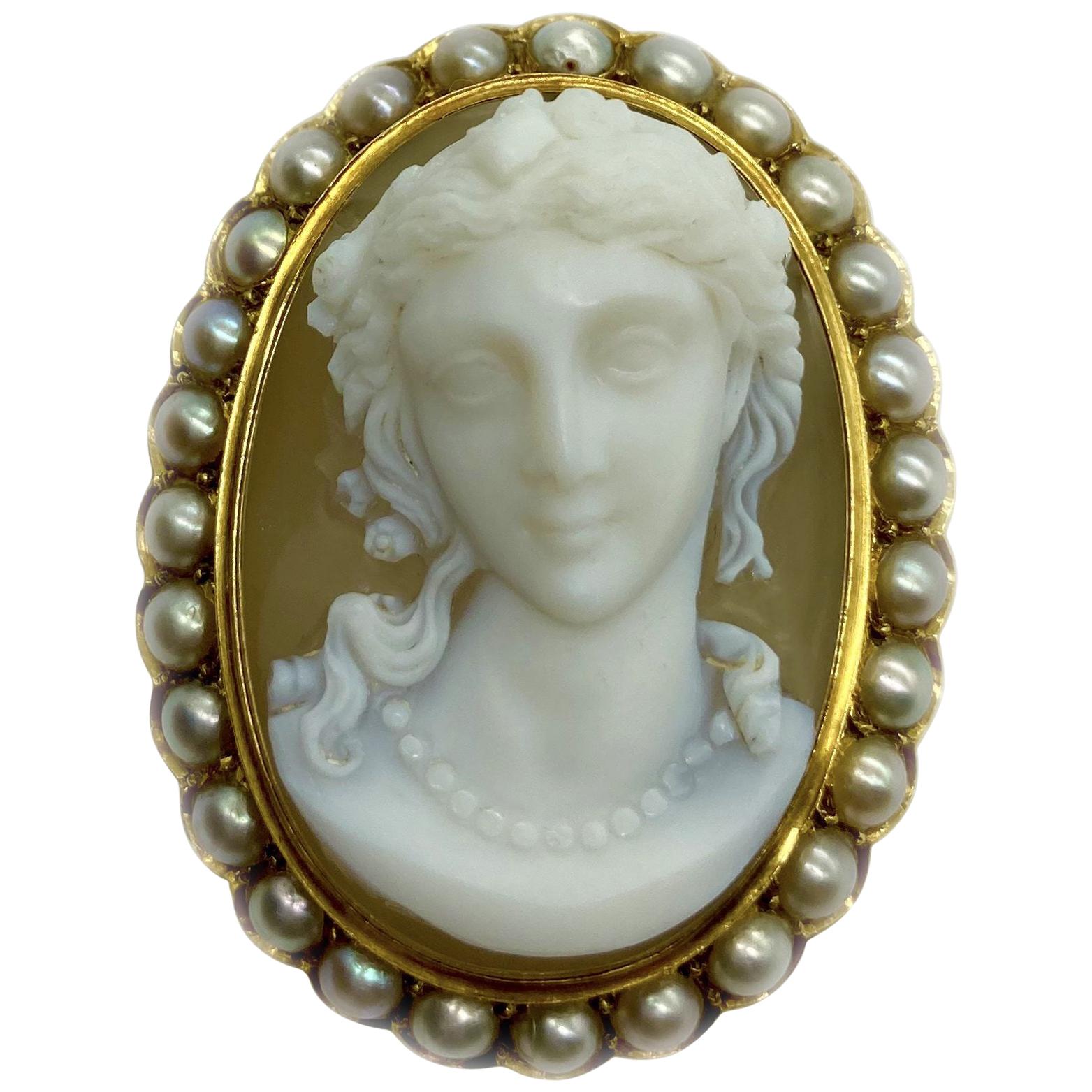 Antique Agate Lady Cameo and Pearl Brooch For Sale