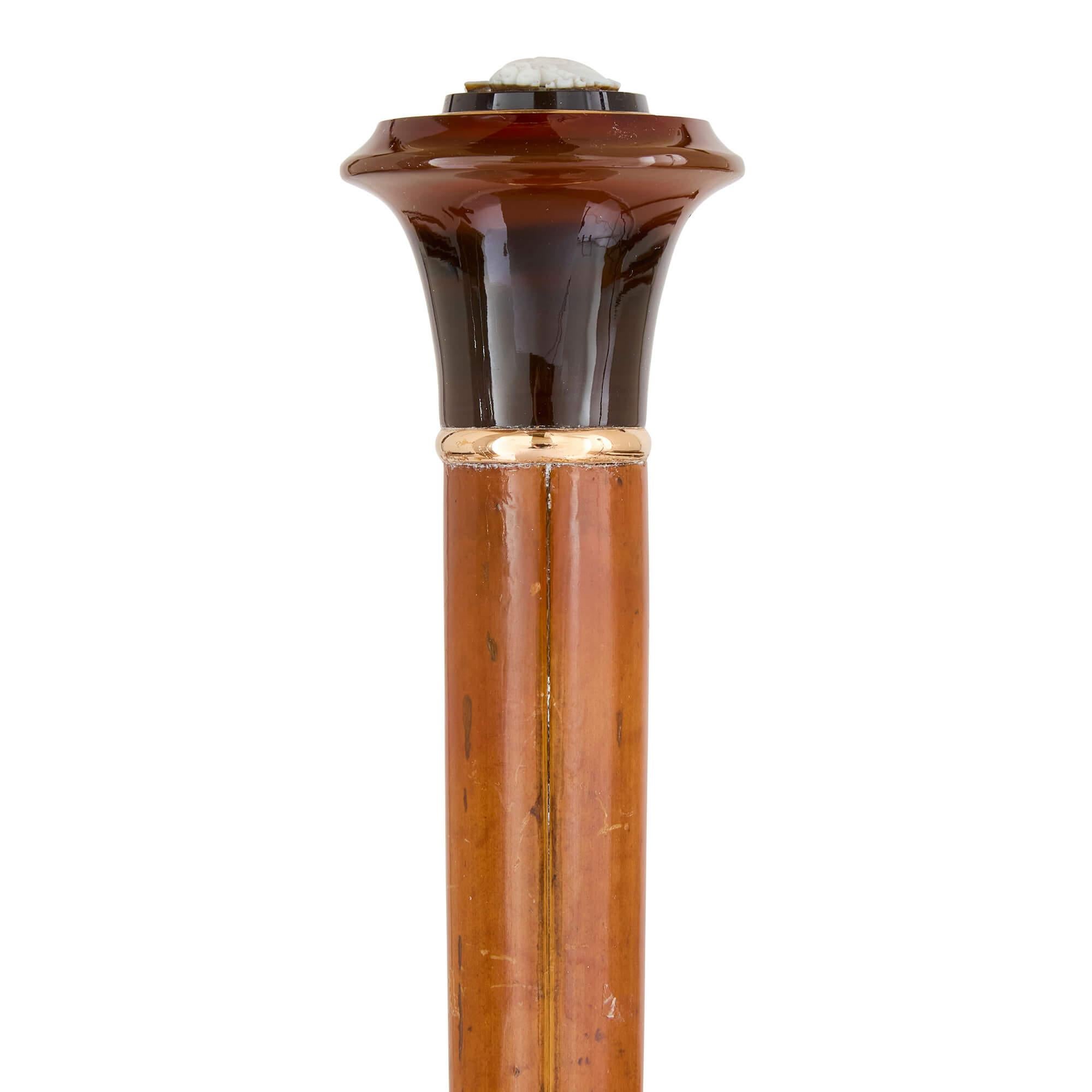 Belle Époque Antique Agate Mounted and Cameo Inset Walking Stick For Sale