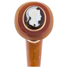 Antique Agate Mounted and Cameo Inset Walking Stick