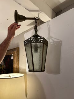Antique Aged Iron & Seeded Glass Lantern Pendant Chandelier