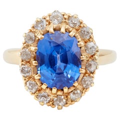 Antique AGL 2.70 Carat Ceylon No Heat Sapphire Diamond 14K Yellow Gold Cluster R