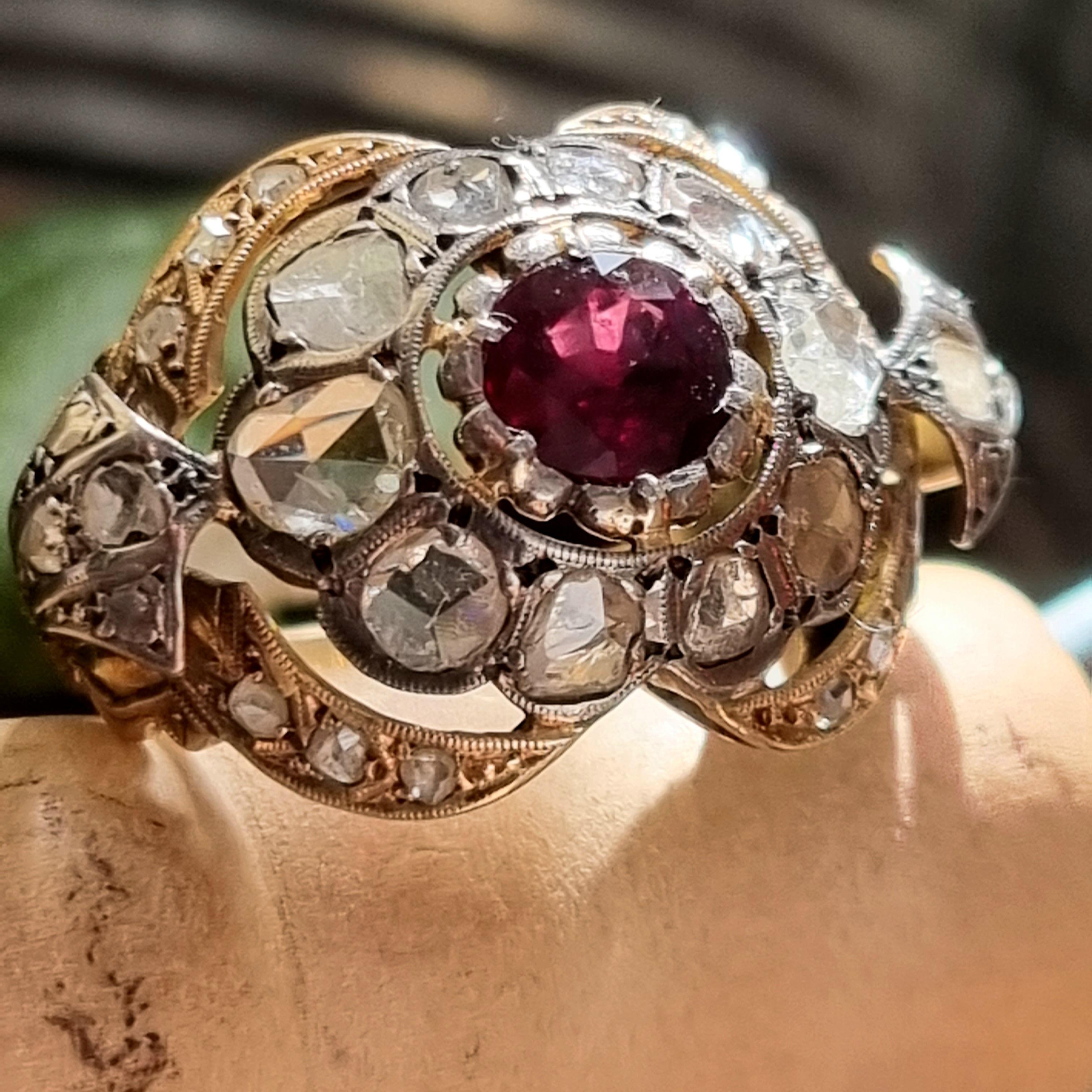 Antique AGL certified Burmese (Mogok) Unheated  Ruby & Diamond Cluster Ring For Sale 6