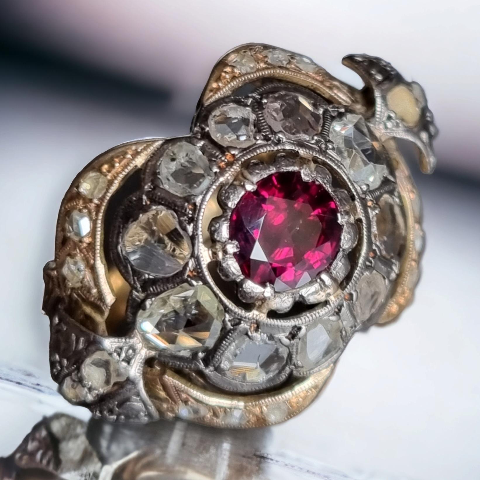 Antique, Unique AGL certified Burmese (Mogok)  Natural Ruby and Diamond Cluster Ring
Untreated, unheated  (No clarity enhancement/ No heat enhancement) Burmese 0.94 carats Ruby (Mogok) and diamond cluster ring. Set to centre with one oval shape 