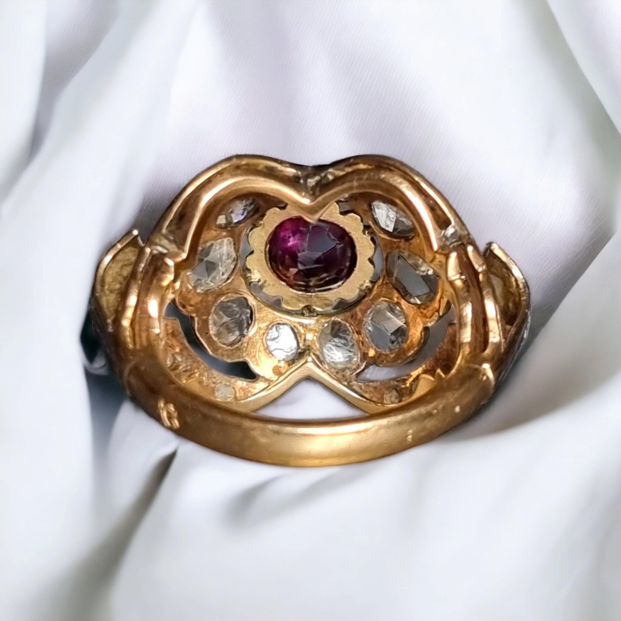 Antike AGL-zertifizierte burmesische (Mogok) unerhitzt  Cluster-Ring mit Rubin und Diamanten im Angebot 1