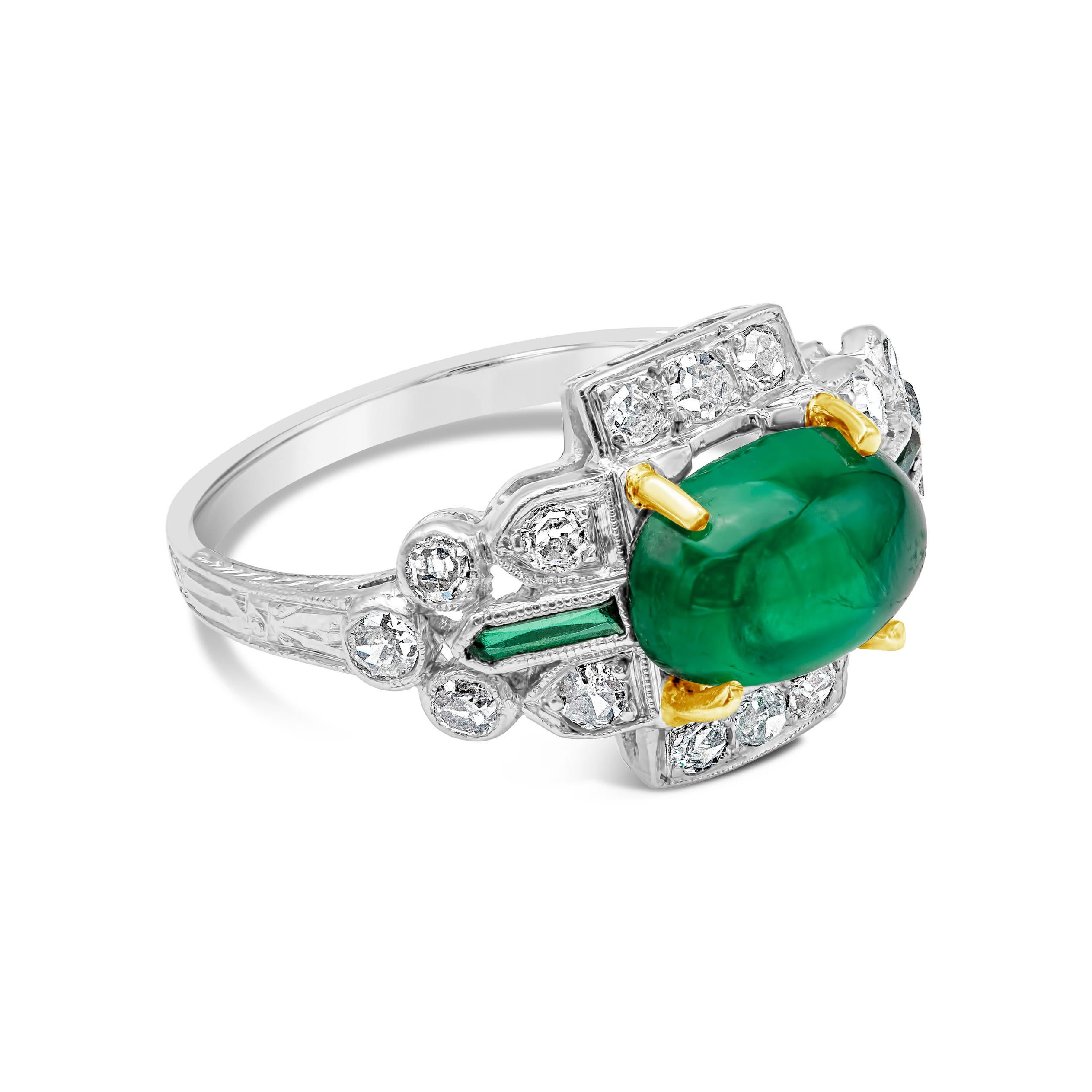 A beautiful antique ring made in the 1900's. Features a oval cut cabochon emerald, set in an intricately designed ring accented with single cut diamonds. Green emerald is certified by AGL as 1.80 carats, Zimbabwe origin with minor oil treatment. 