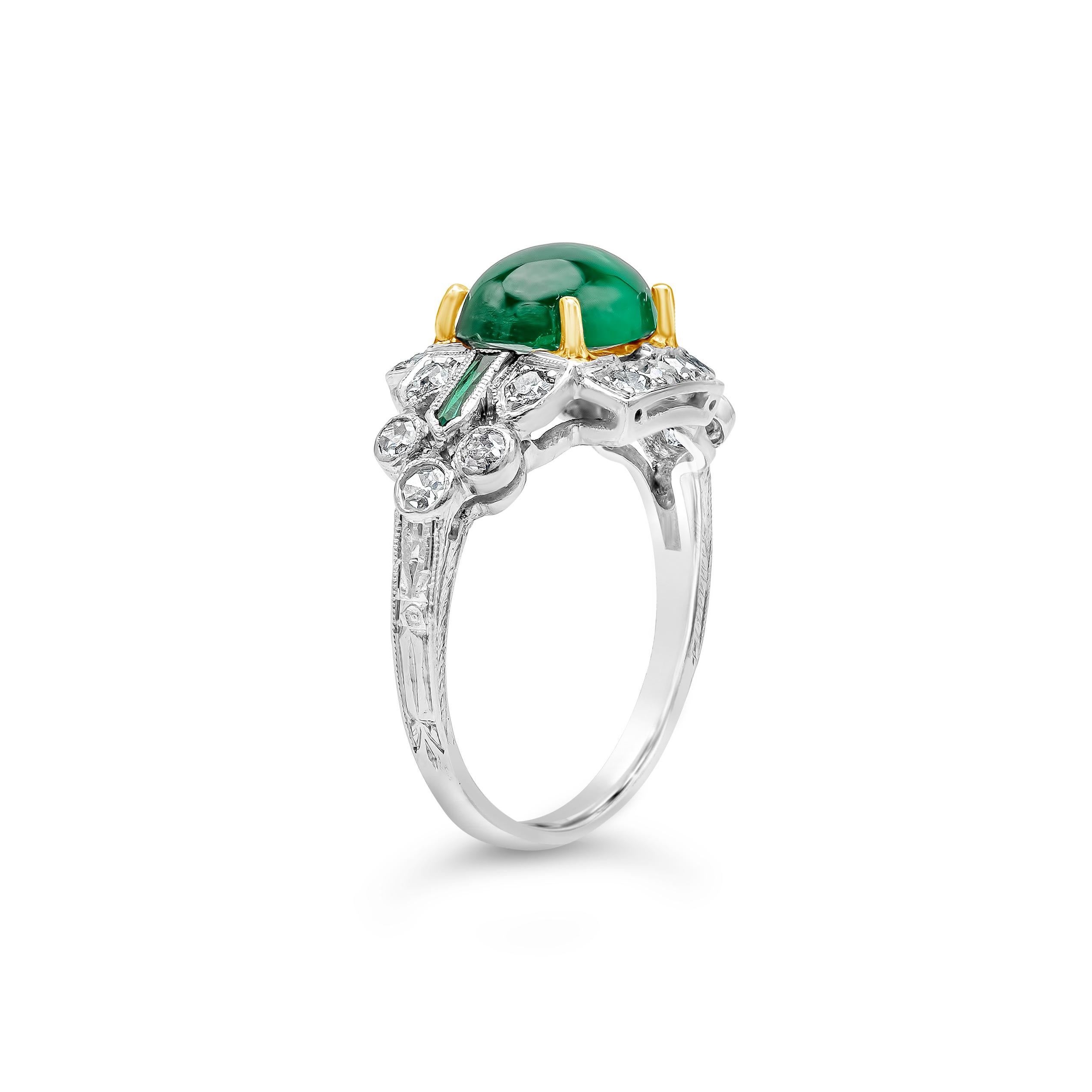 Antique AGL Certified Cabochon Emerald and Diamond Ring In Good Condition In New York, NY
