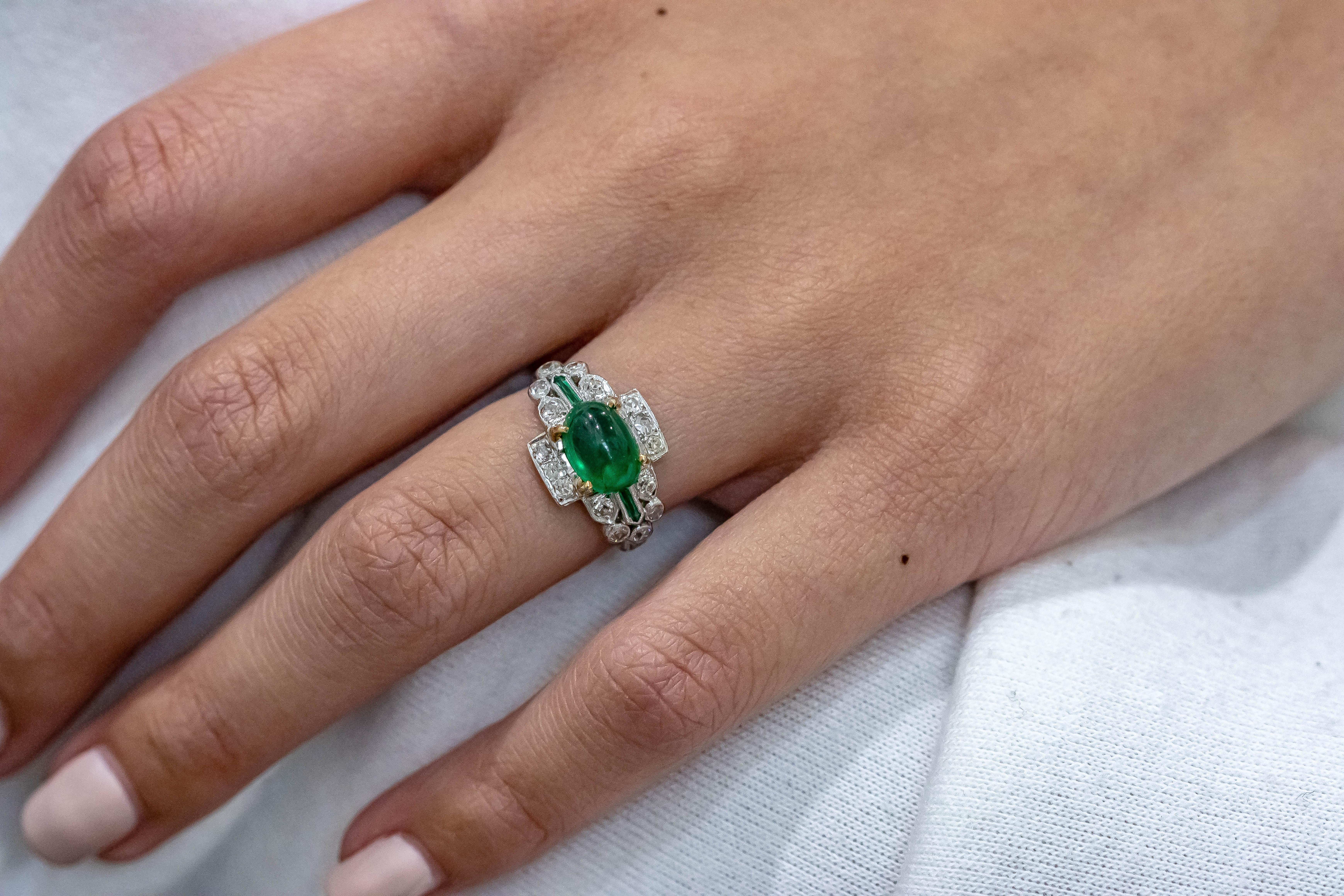 Women's Antique AGL Certified Cabochon Emerald and Diamond Ring