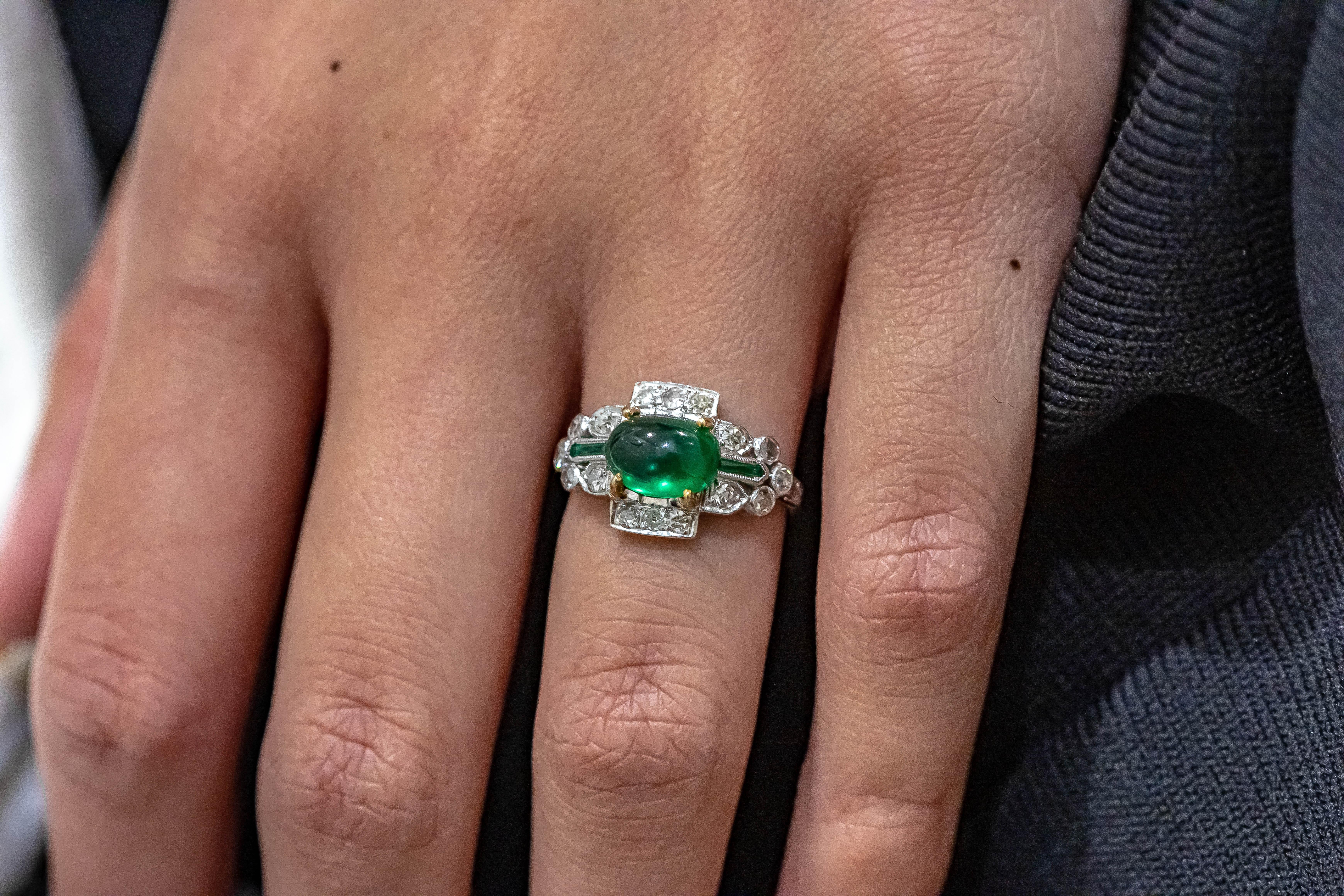 Antique AGL Certified Cabochon Emerald and Diamond Ring 1
