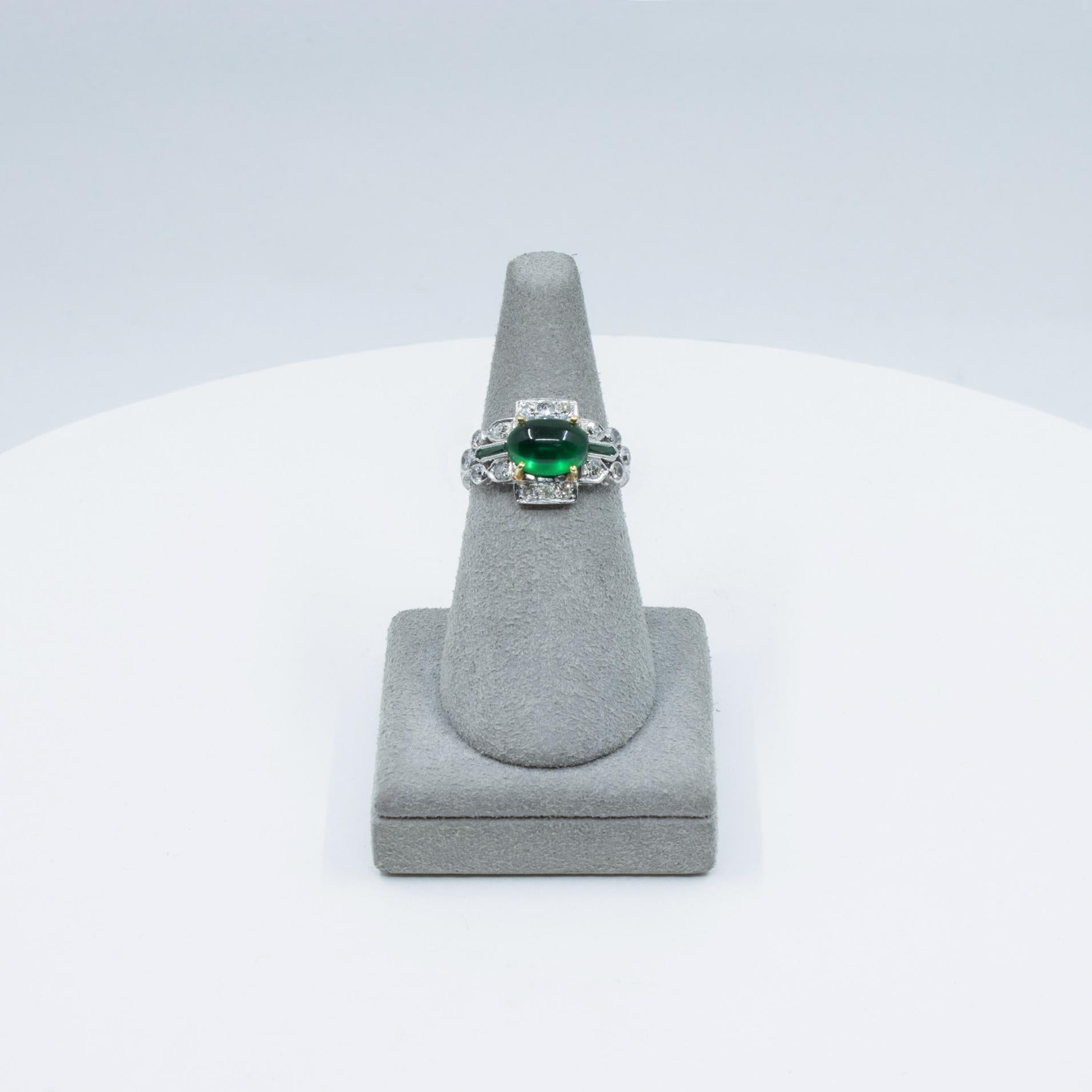 Antique AGL Certified Cabochon Emerald and Diamond Ring 2