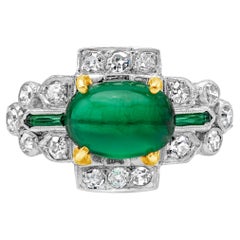 Antique AGL Certified Cabochon Emerald and Diamond Ring