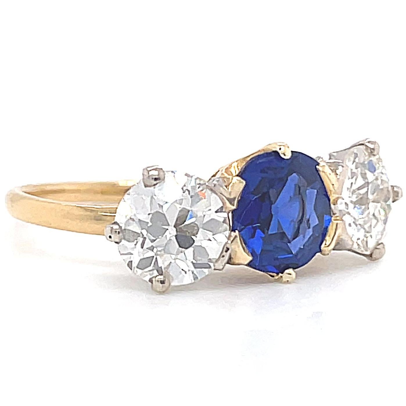 Edwardian Antique AGL Certified Kashmir Sapphire Diamond Three Stone Gold Ring