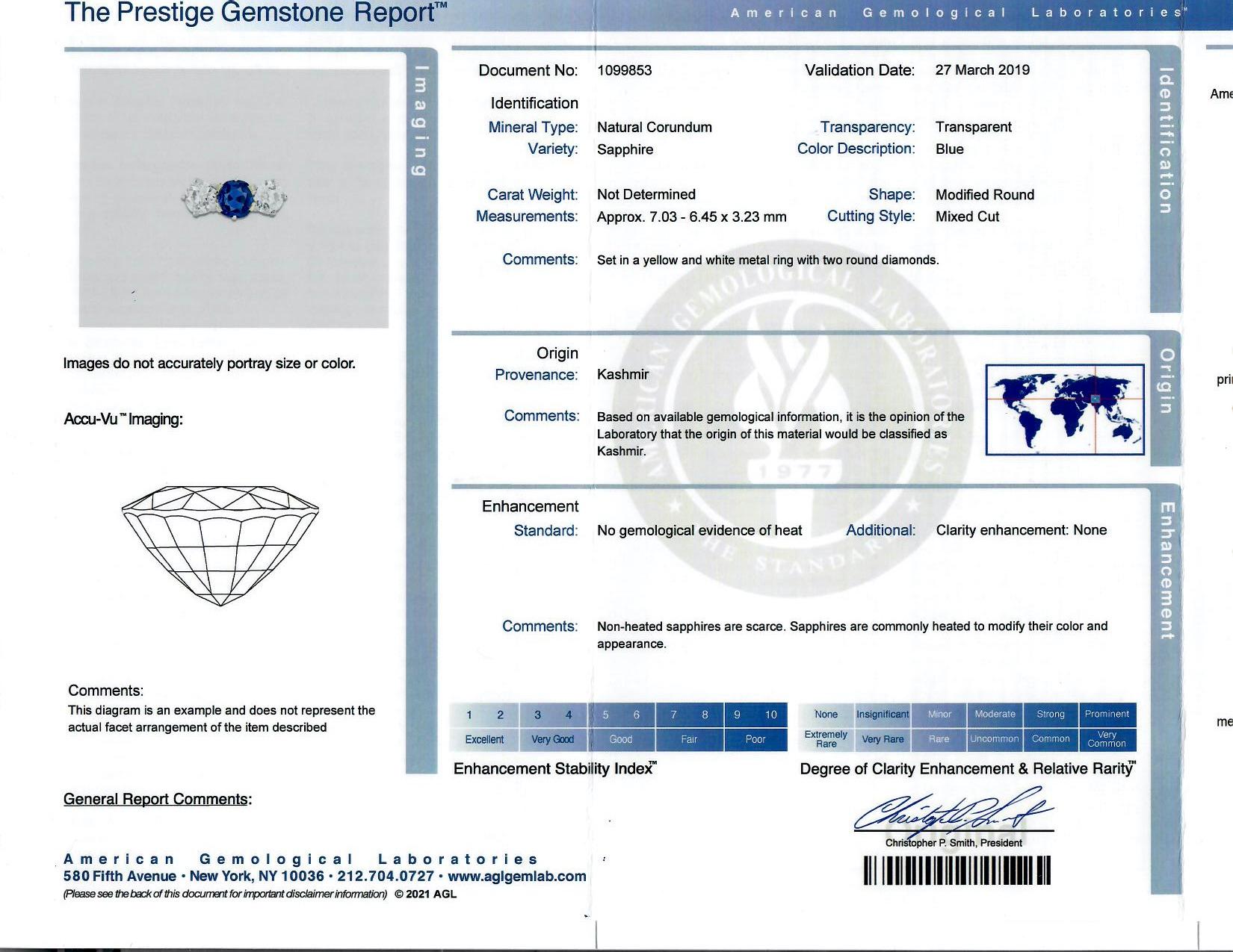 Women's Antique AGL Certified Kashmir Sapphire Diamond Three Stone Gold Ring