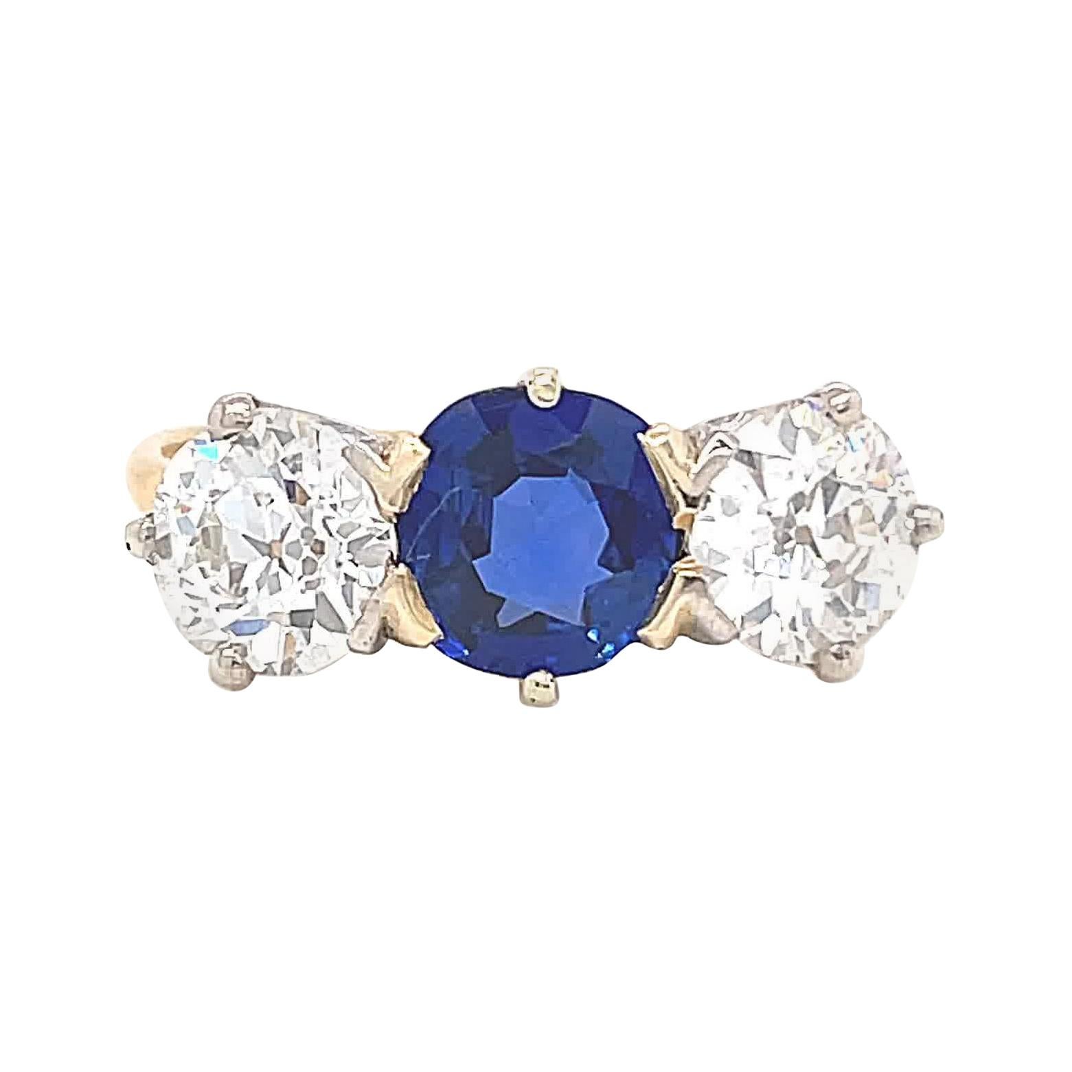 Antique AGL Certified Kashmir Sapphire Diamond Three Stone Gold Ring