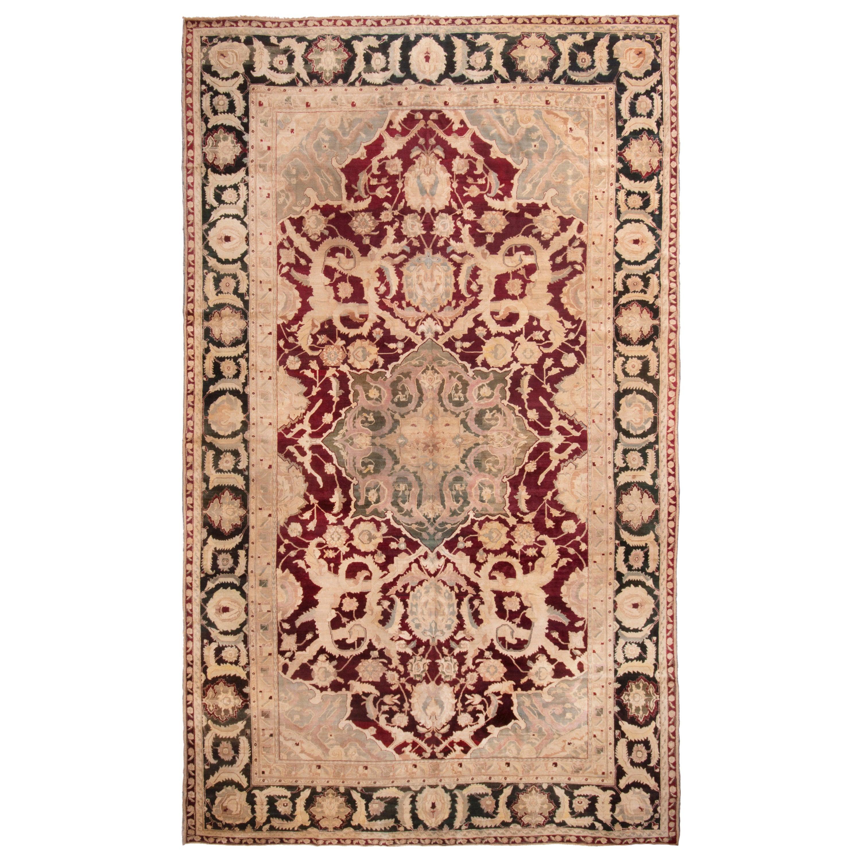 Antique Agra Burgundy Wool Rug with All-Over Floral Patterns