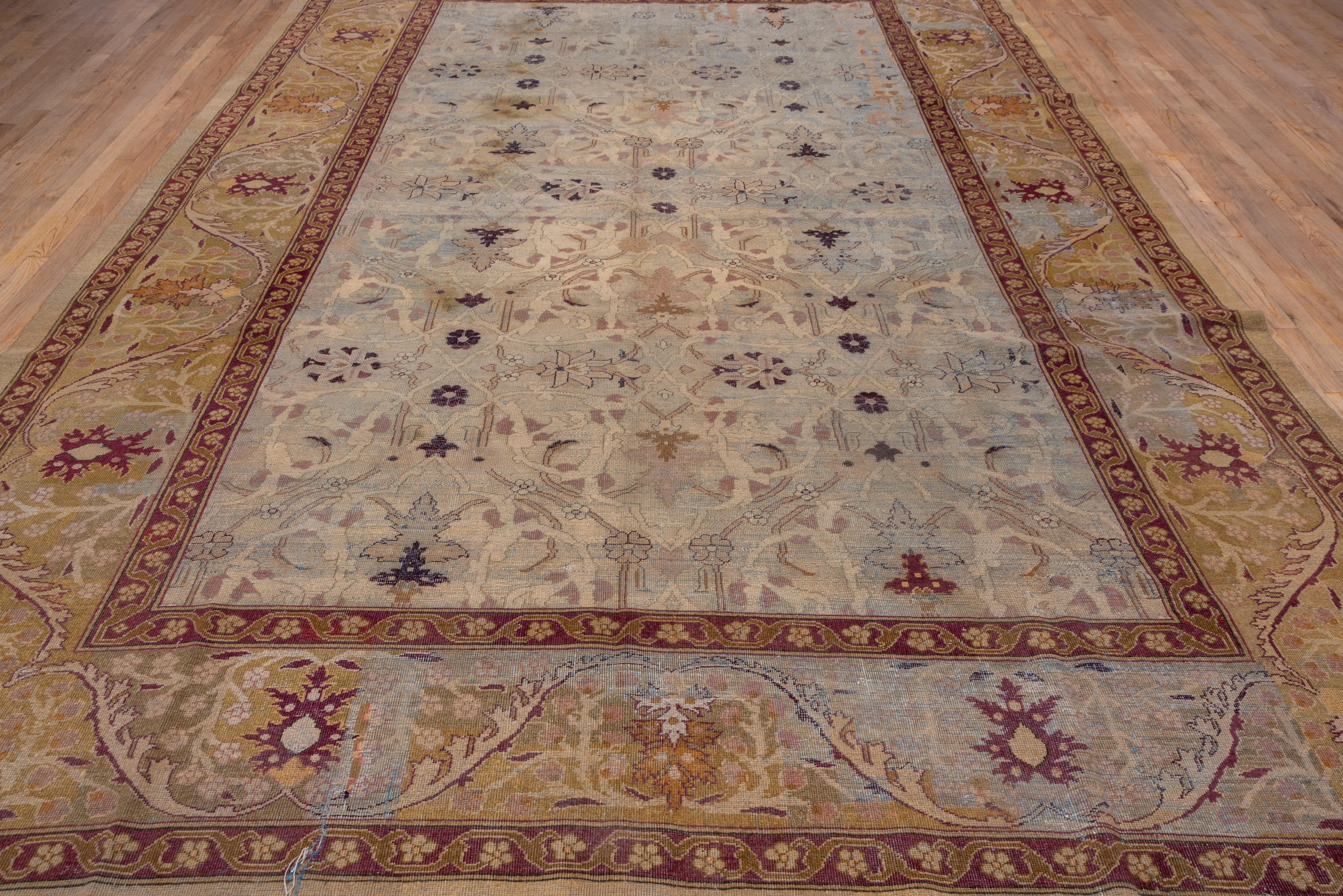 This northern Indian city carpet features a layered petal and rounded palmette arabesque pattern on a powder blue field, with salient dark brown accents. The border juxtaposes mustard and light teal sections and displays ragged, reversing palmettes