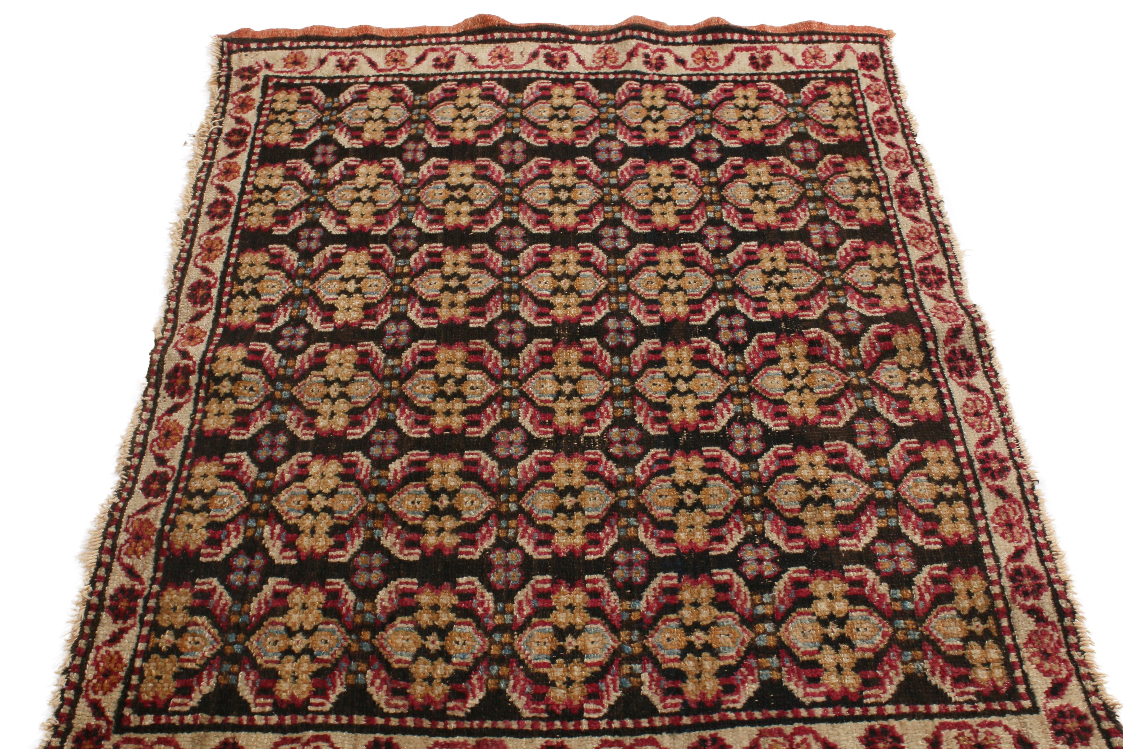 Indian Antique Agra Geometric Beigr and Red Wool Floral Rug