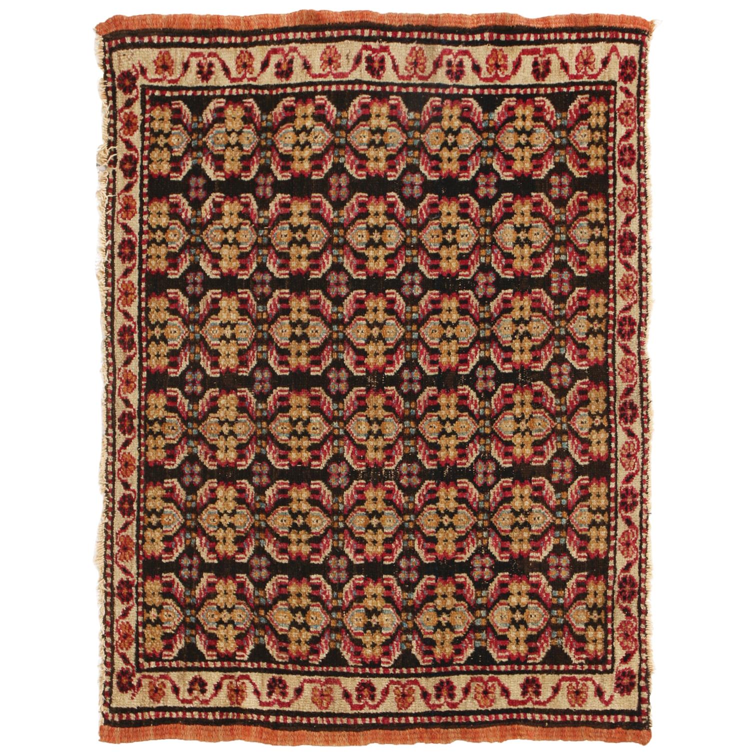Antique Agra Geometric Beigr and Red Wool Floral Rug