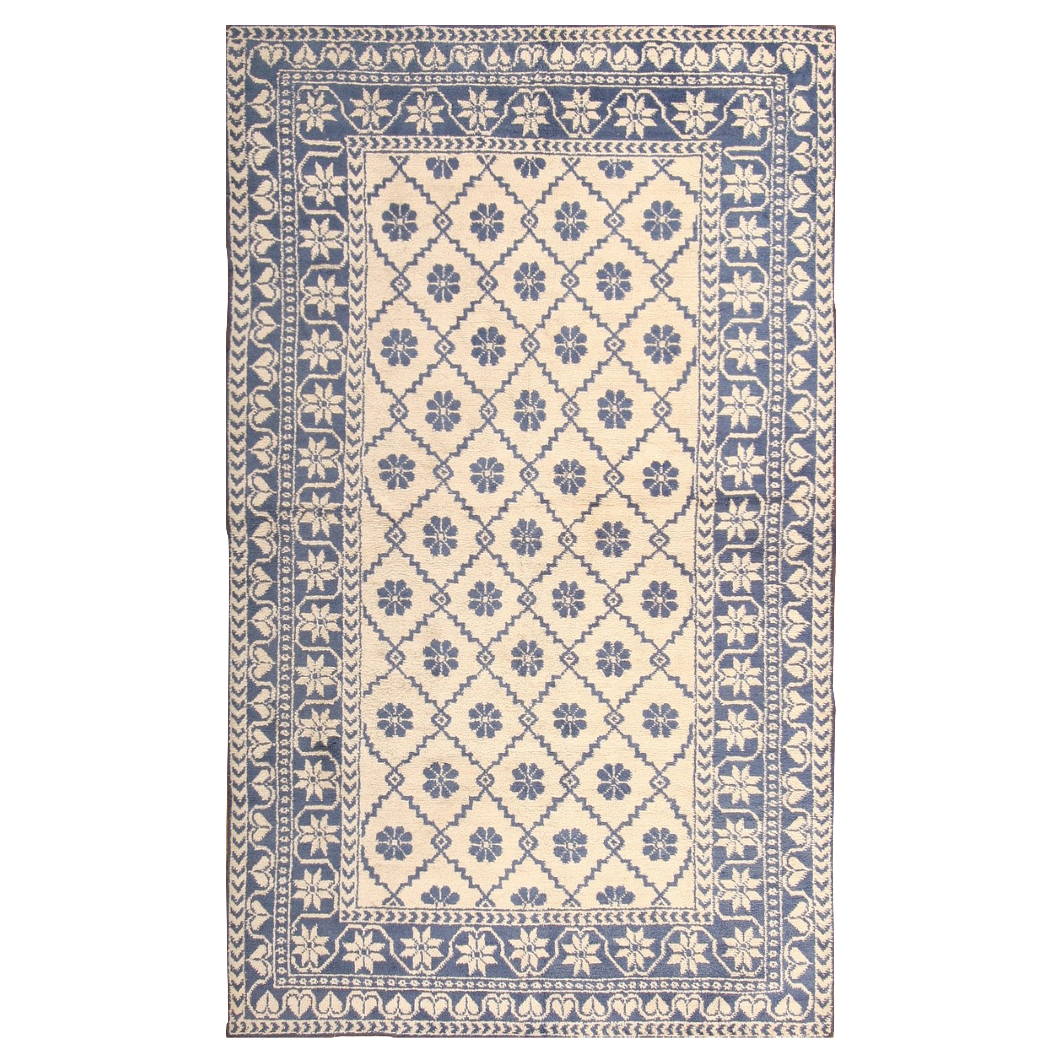 Antique Agra Geometric-Floral Blue and Gray Cotton Rug For Sale