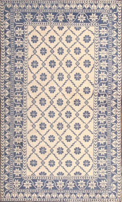 Antique Agra Geometric-Floral Blue and Gray Cotton Rug