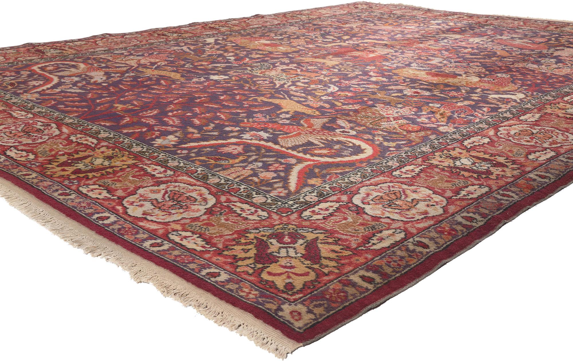 74662 Antique Agra Indian Rug with Royal Howdah and Hunting Scene. Cleverly composed and distinctively well-balanced, this antique Agra Indian rug displays an exceptional hunting scene and Howdah. Rendered in variegated shades of red, rust, brown,