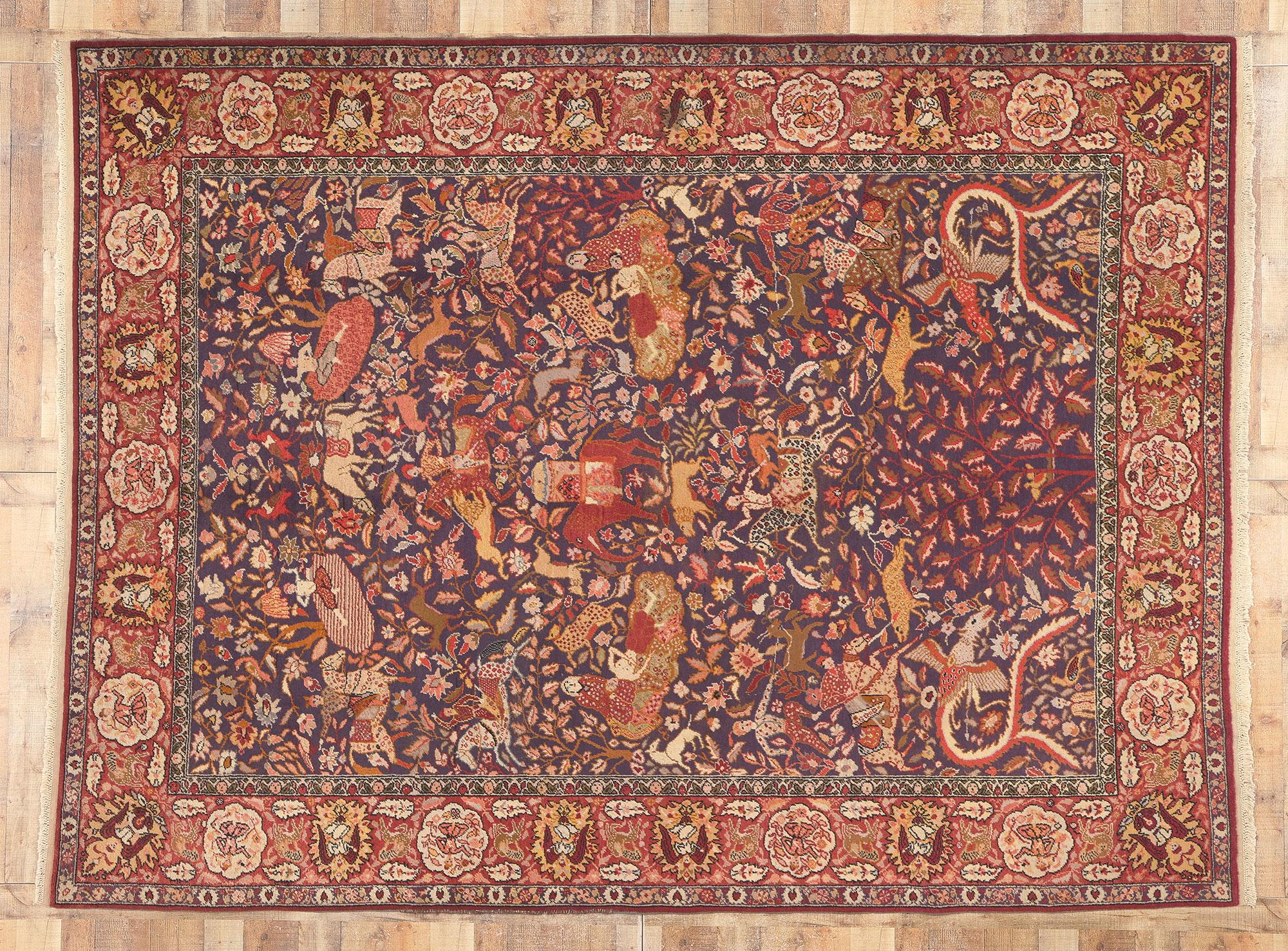 Wool Antique Agra Indian Royal Hunting Scene Rug  For Sale