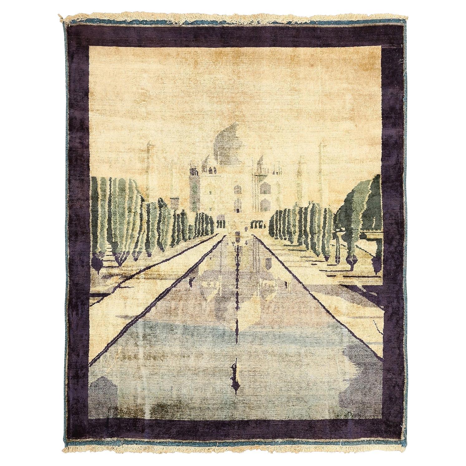 Antigua Alfombra Pictórica Agra de Seda 5'2 x 4'3 en venta