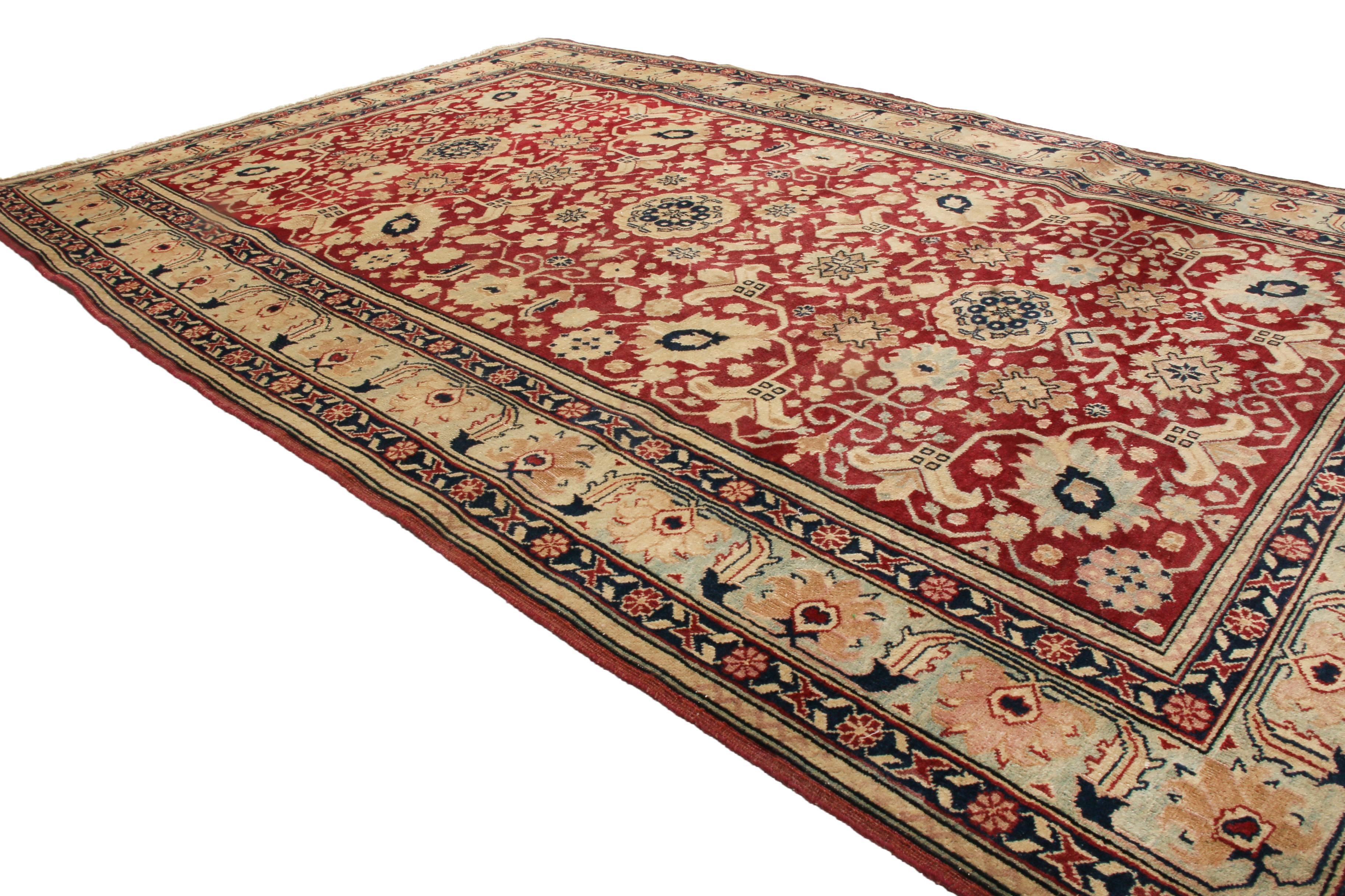 Indian Antique Agra Red Green and Beige-Gold Geometric-Floral Wool Rug by Rug & Kilim For Sale