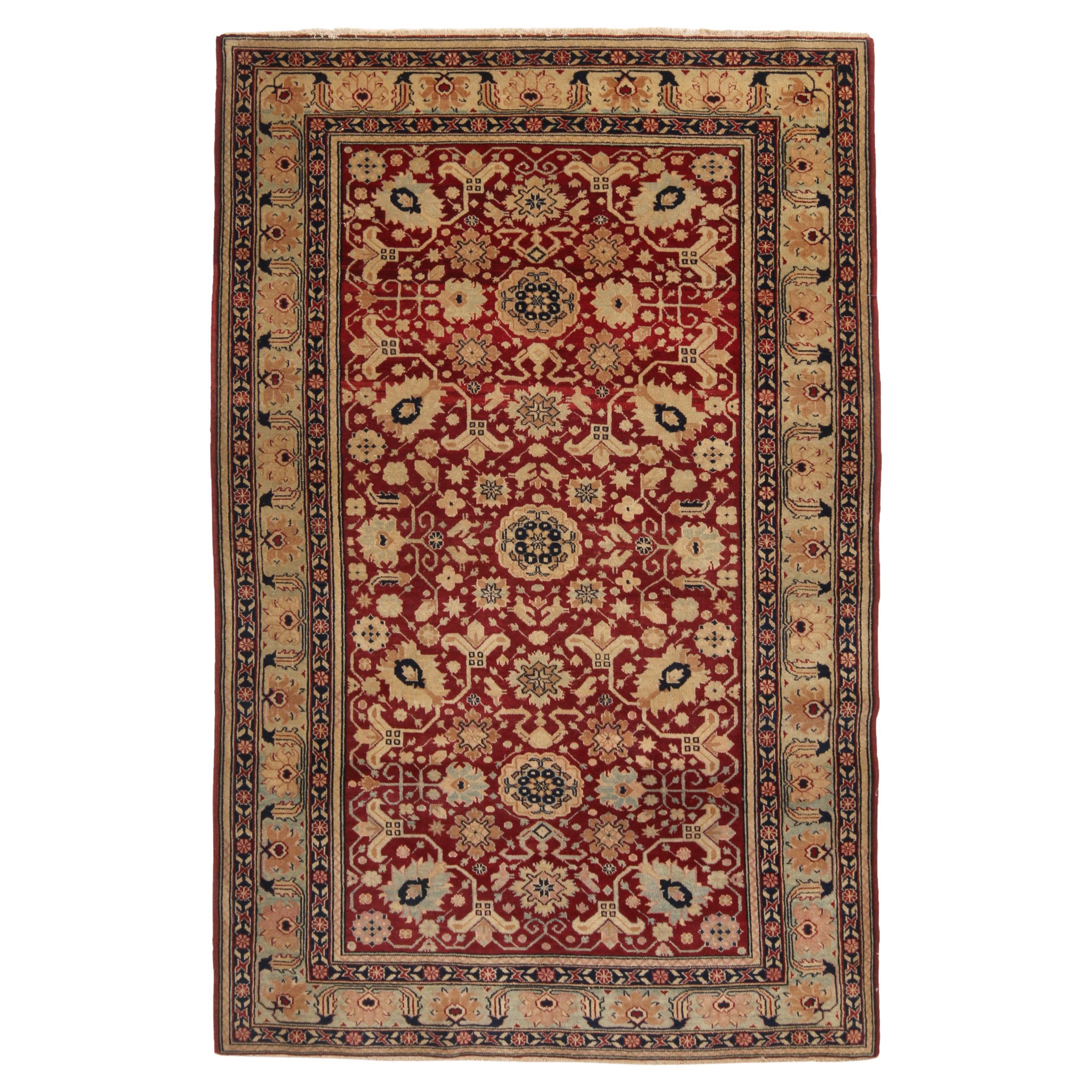 Antique Agra Red Green and Beige-Gold Geometric-Floral Wool Rug by Rug & Kilim For Sale