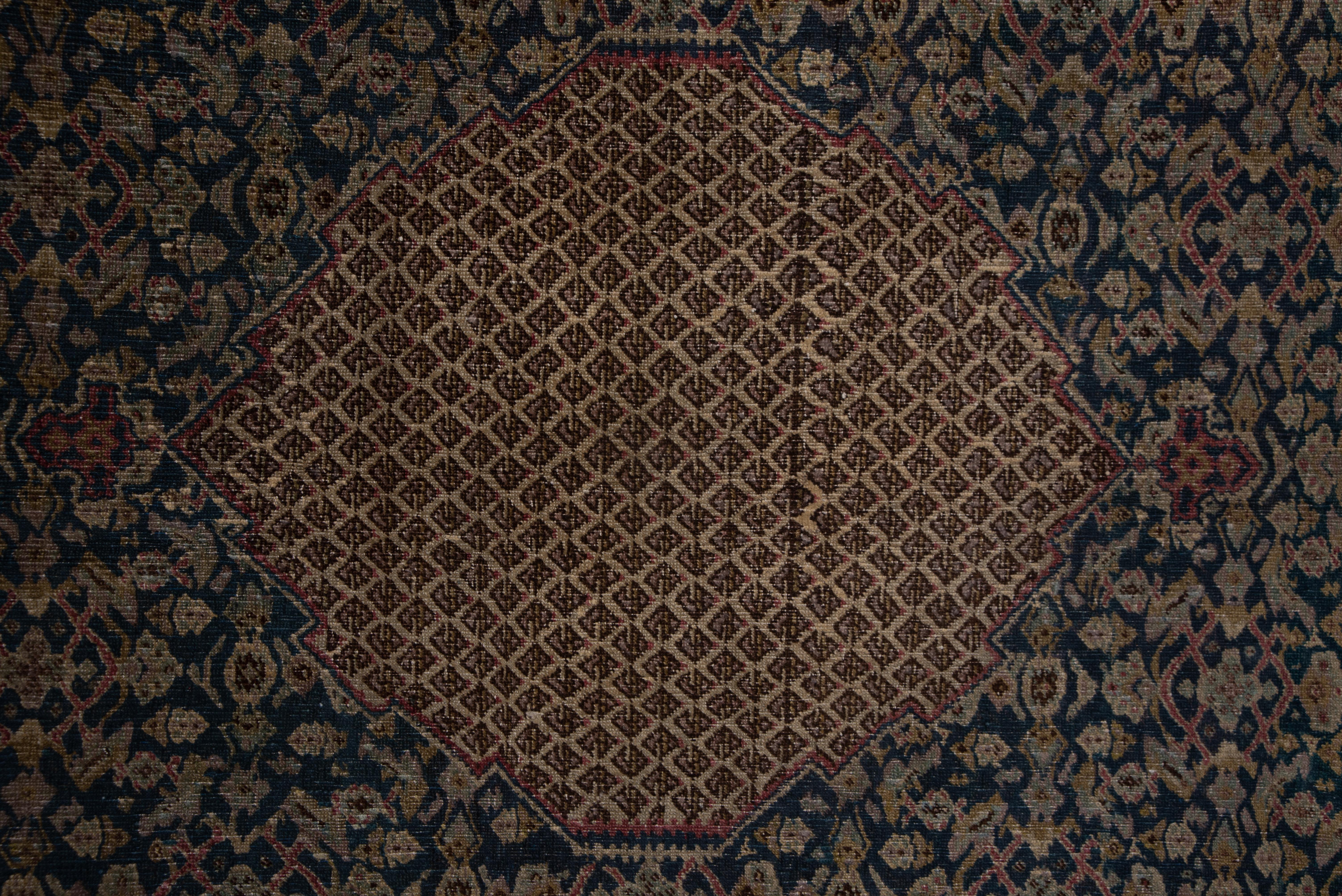 This northern Indian town rug has a layered pattern with tiny bottehs in the joined beige corners, a dark blue hexagonal field with an all-over Herati design, and a notched medallion in cream with a small lozenge diaper. The square fringes on the