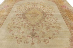 Antique Agra Rug in Beige and Pink with Floral Patterns - Rug & Kilim
