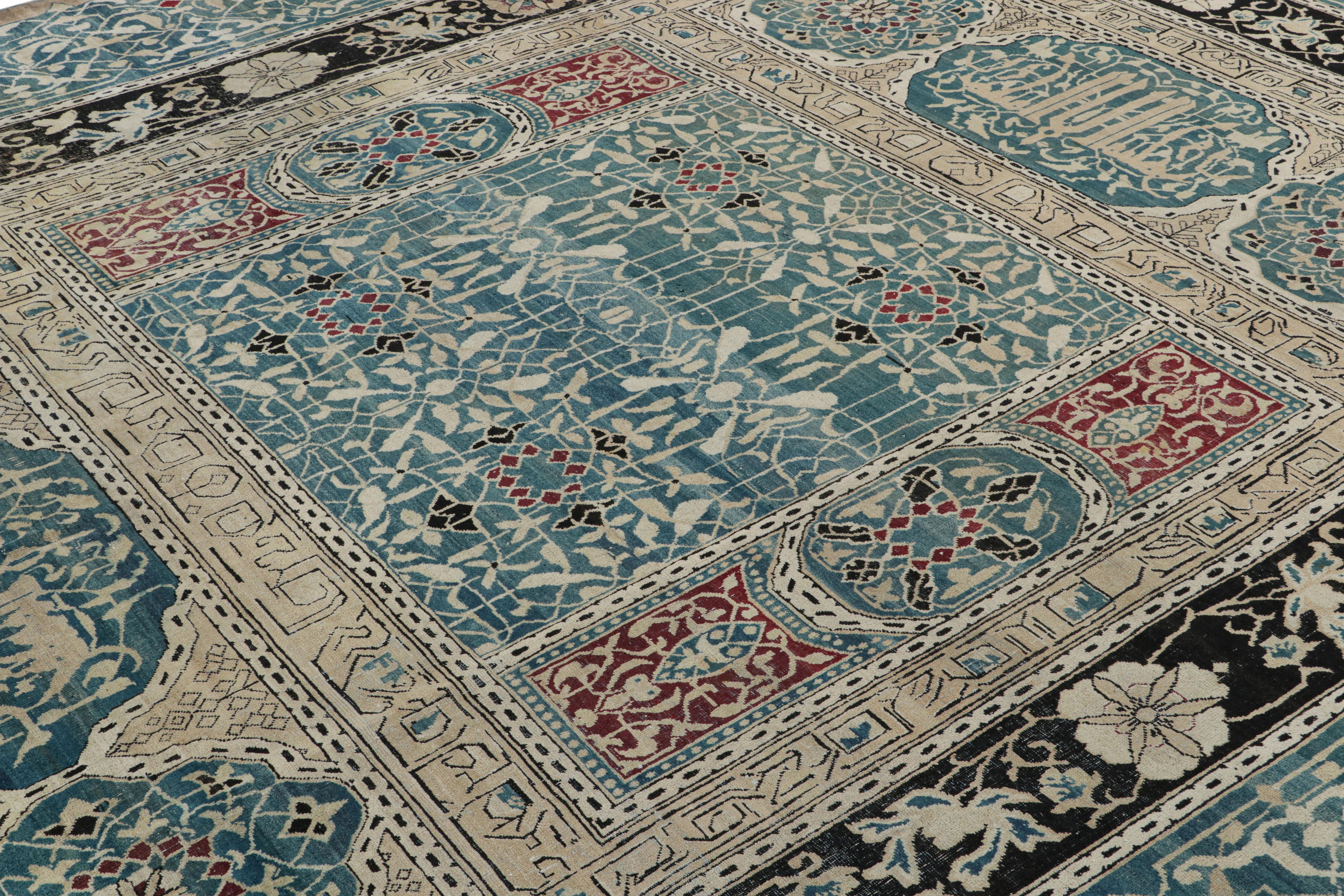This 10x13 antique Agra rug is an extremely rare and exciting new addition to our collection of Indian rugs—hand-knotted in wool and believed to originate in the second half of the 19th century. 

On the Design: 

Teal blue and beige tones