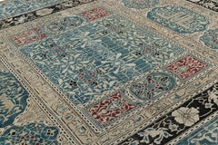 Antique Agra Rug in Beige and Teal with Floral Patterns