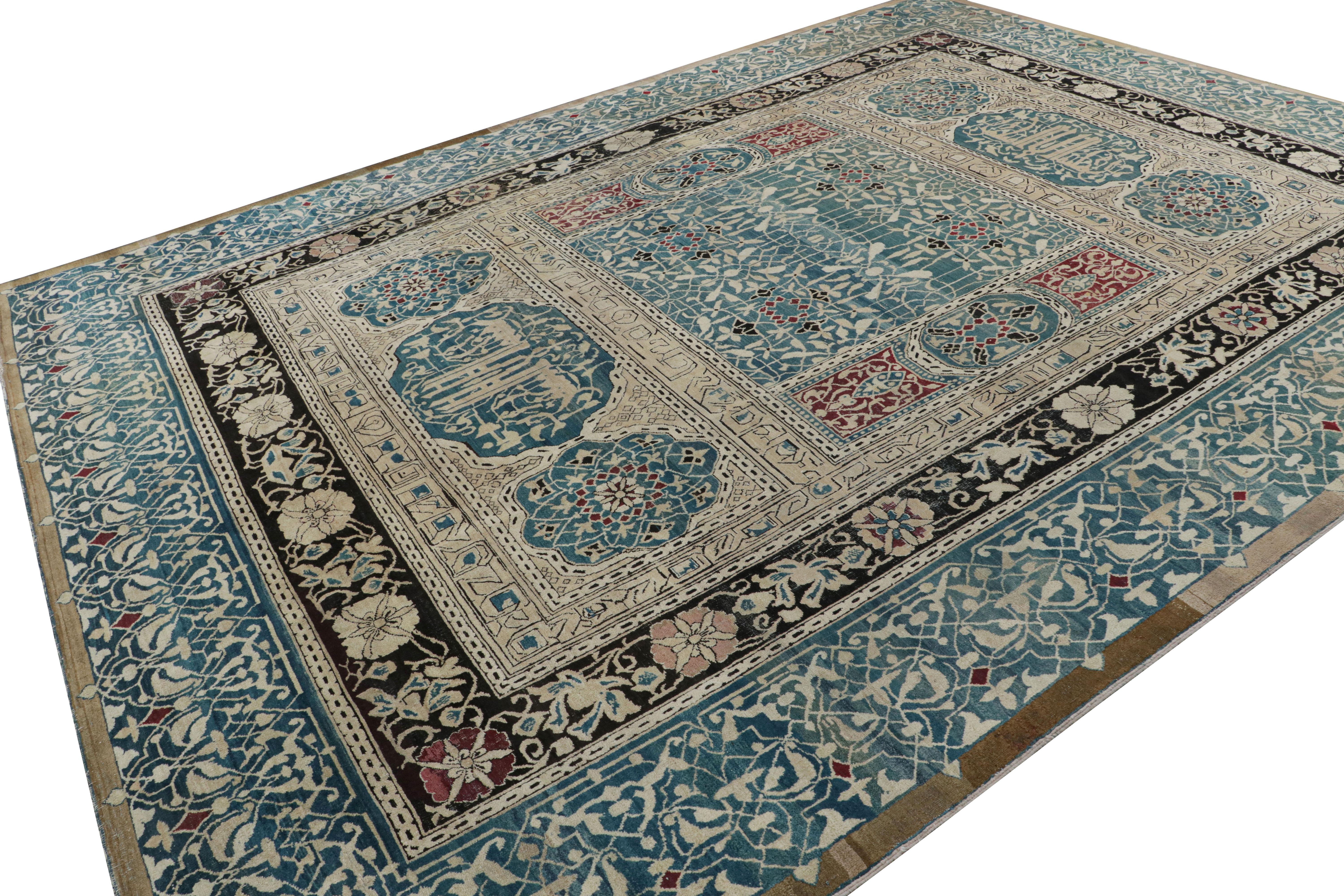 Hand-Knotted Antique Agra Rug in Beige and Teal with Floral Patterns For Sale