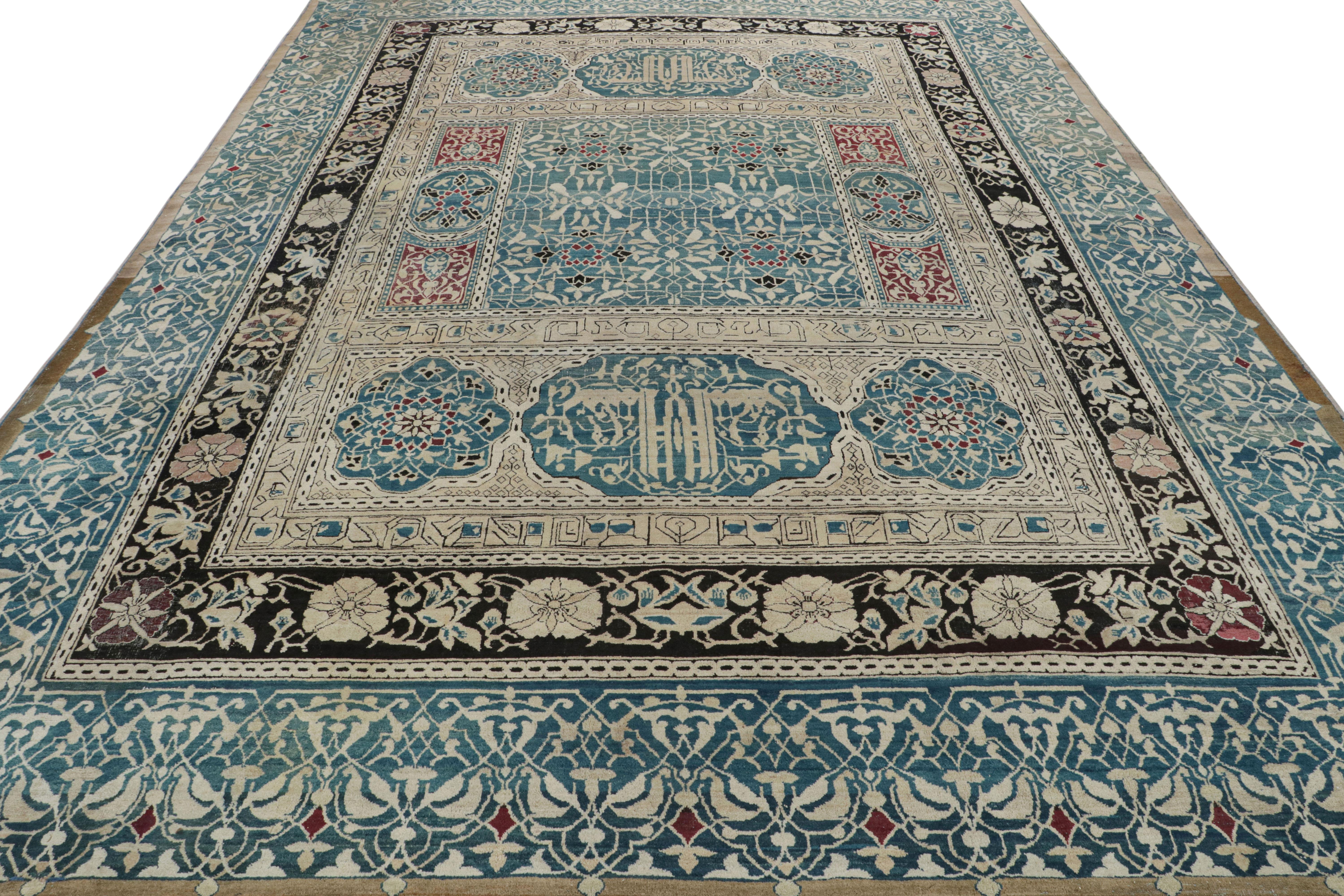 Antique Agra Rug in Beige and Teal with Floral Patterns In Good Condition For Sale In Long Island City, NY